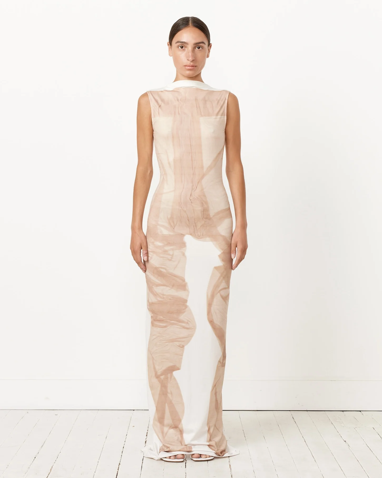 Print Long Dress in White/Beige