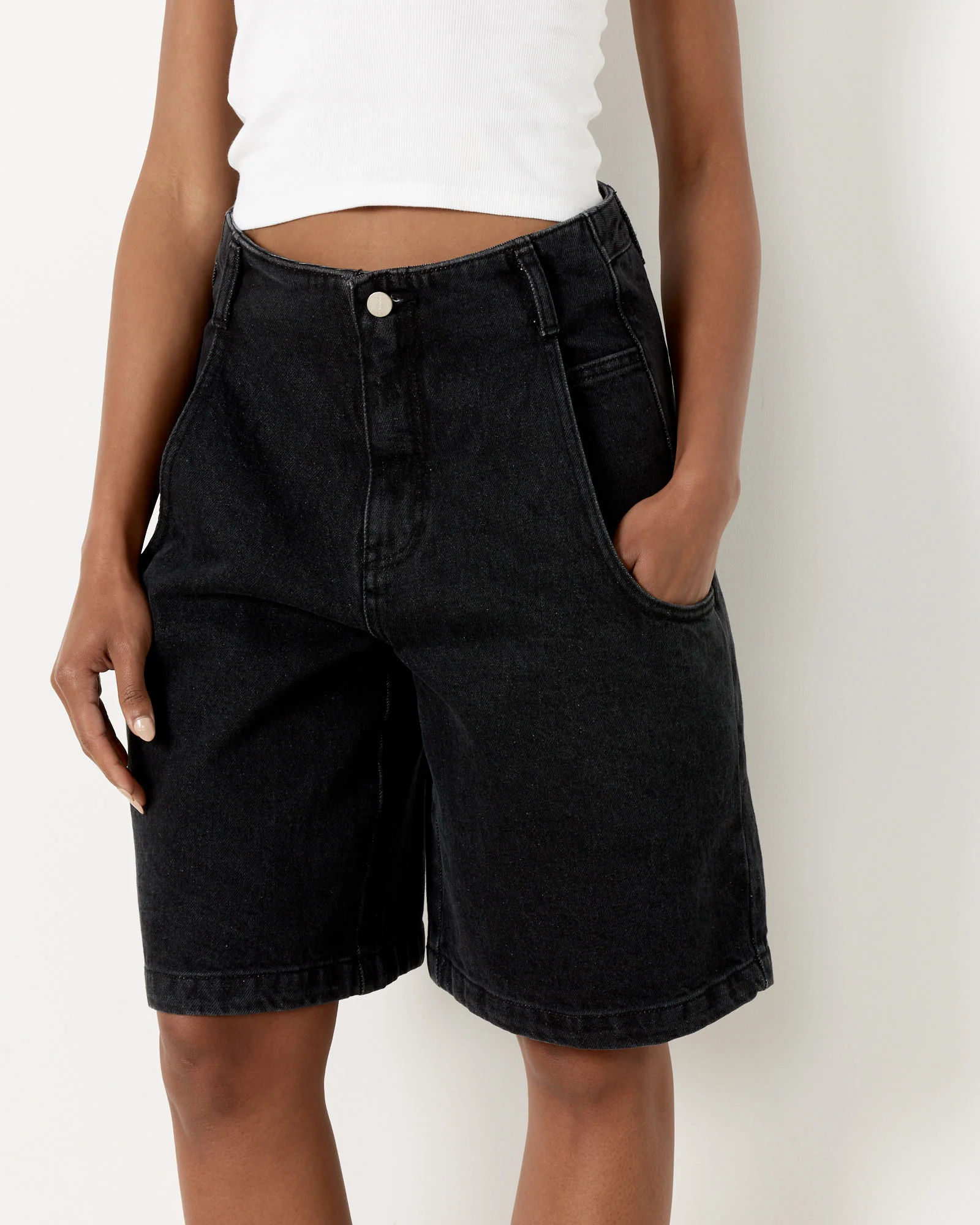 Cut-Out Pocket Denim Shorts in Black - Image 3
