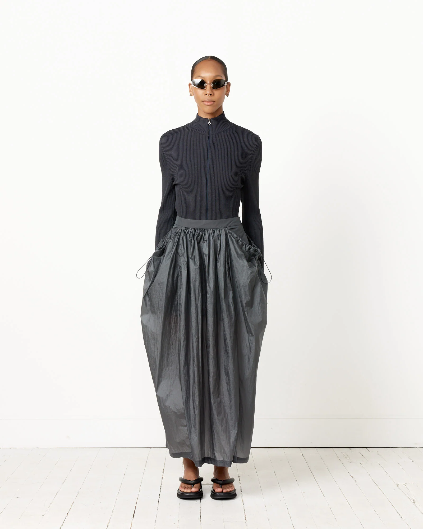 Layered Shirring Skirt in Navy - Image 2