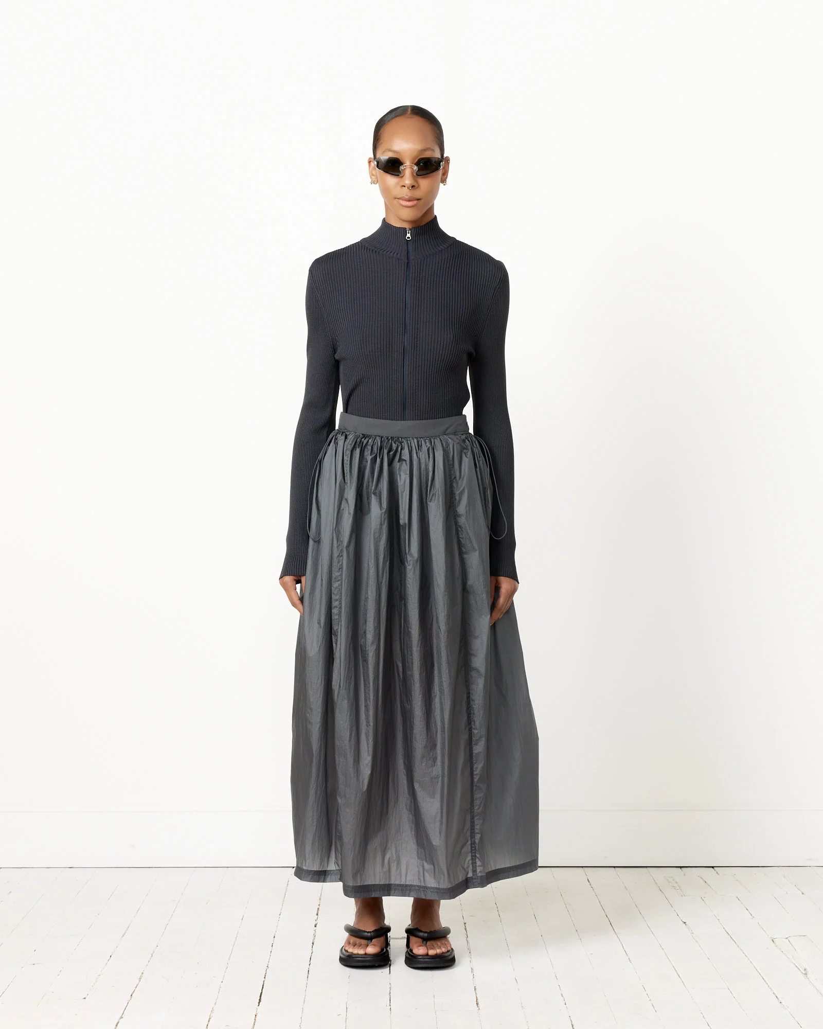Layered Shirring Skirt in Navy - Image 5