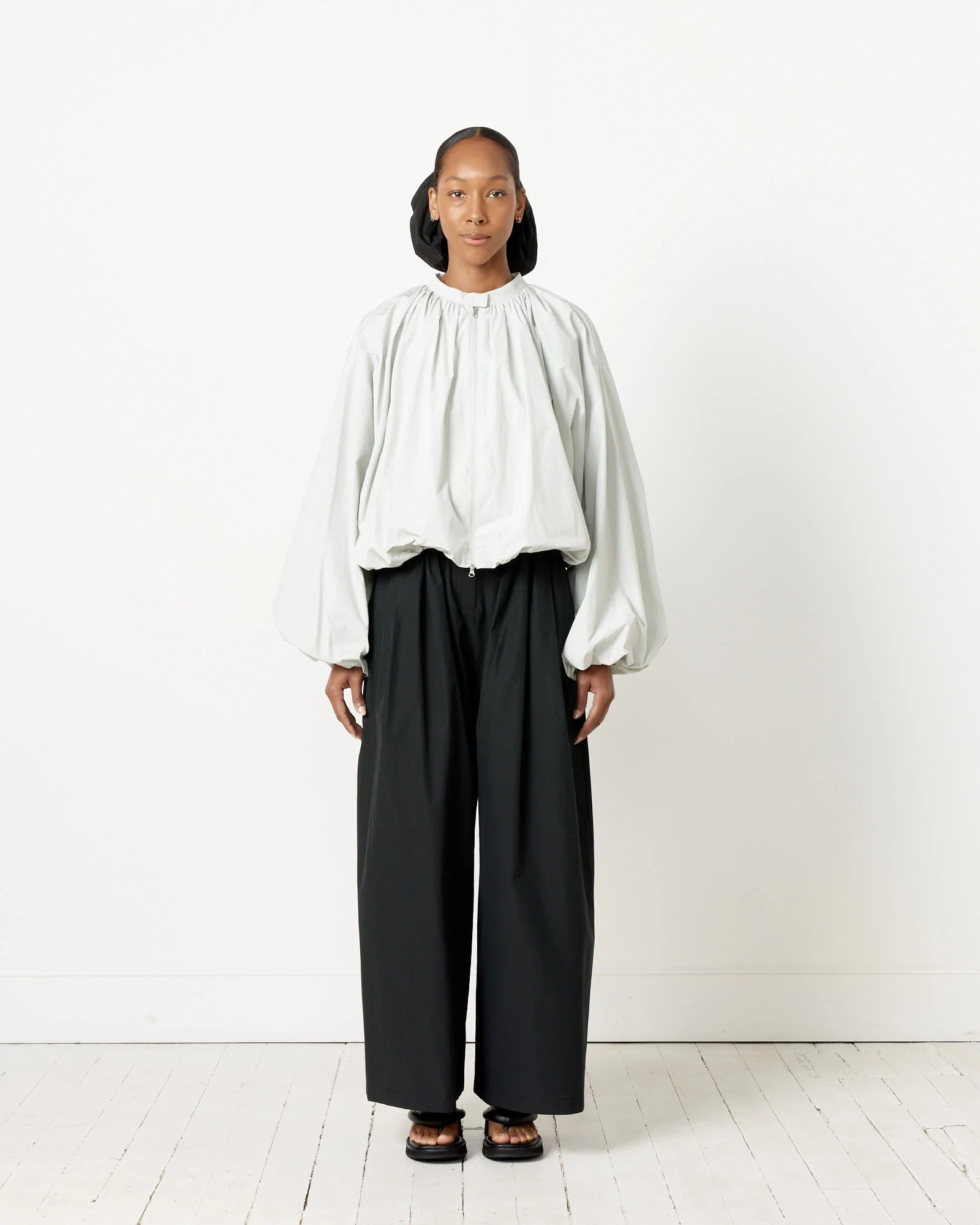 Neck Shirring Volume Jumper in Light Grey - Image 2