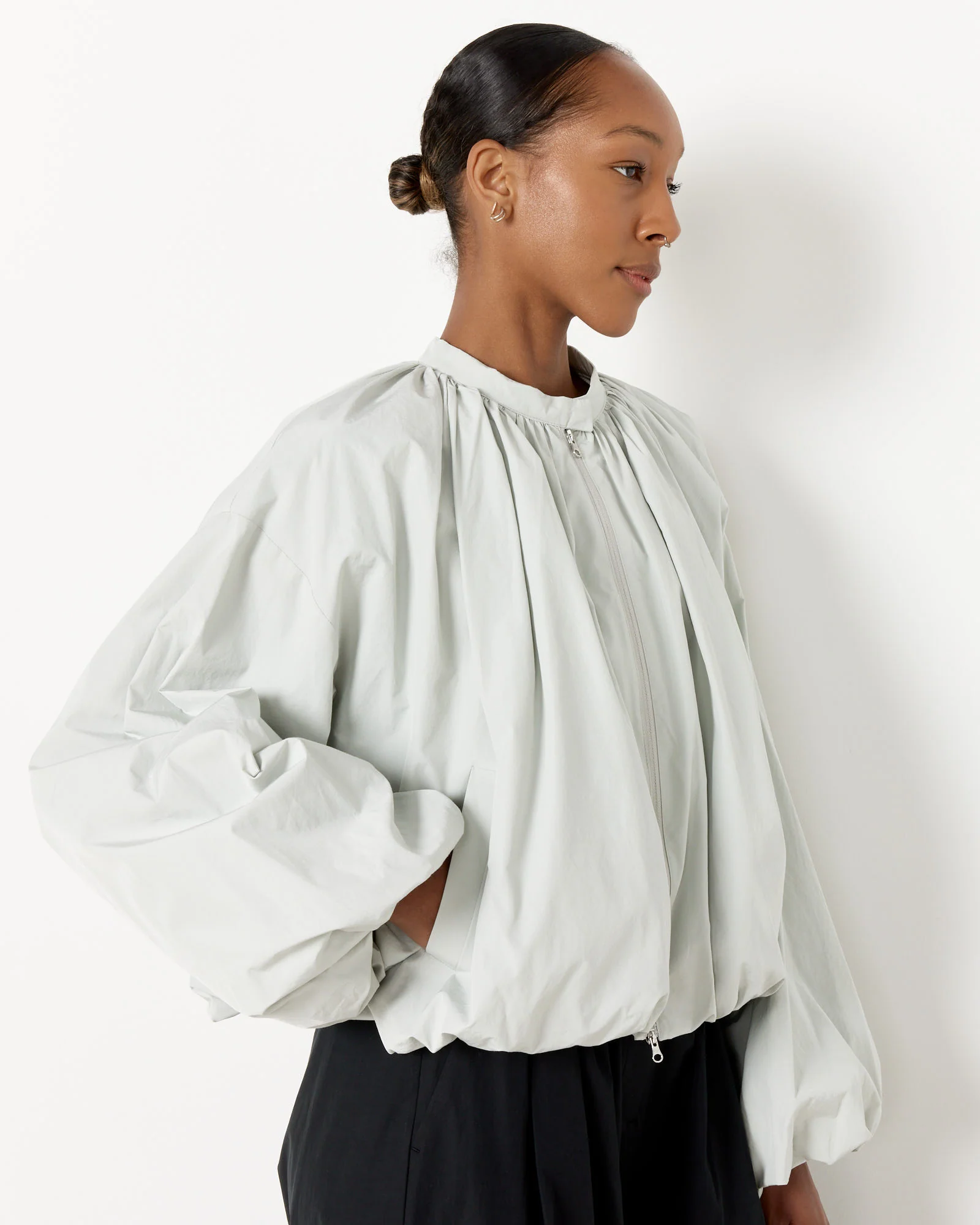 Neck Shirring Volume Jumper in Light Grey - Image 4
