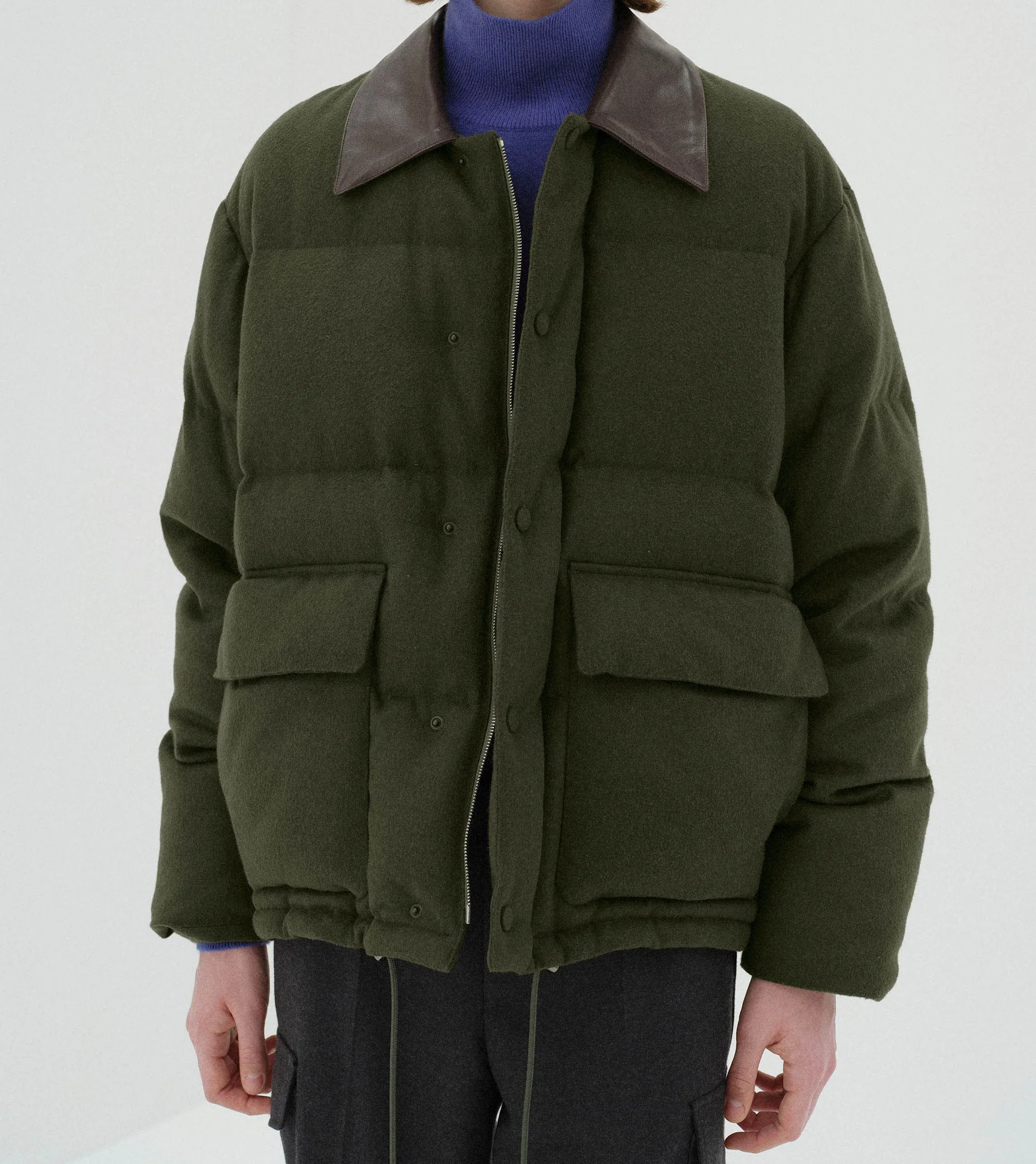 Baby Camel Flannel Down Blouson in Dark Olive - Image 3