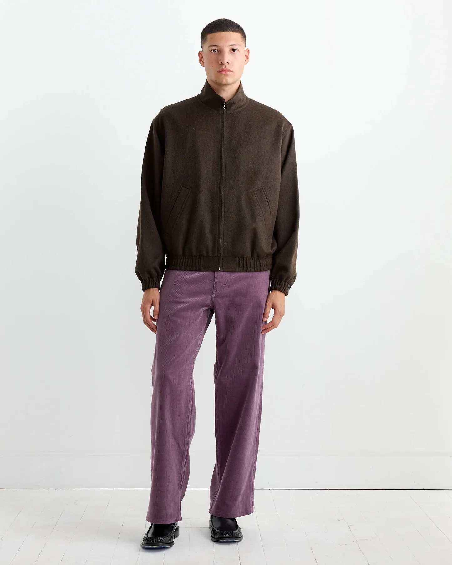 Baby Camel Flannel Zip Blouson in Dark Brown - Image 3