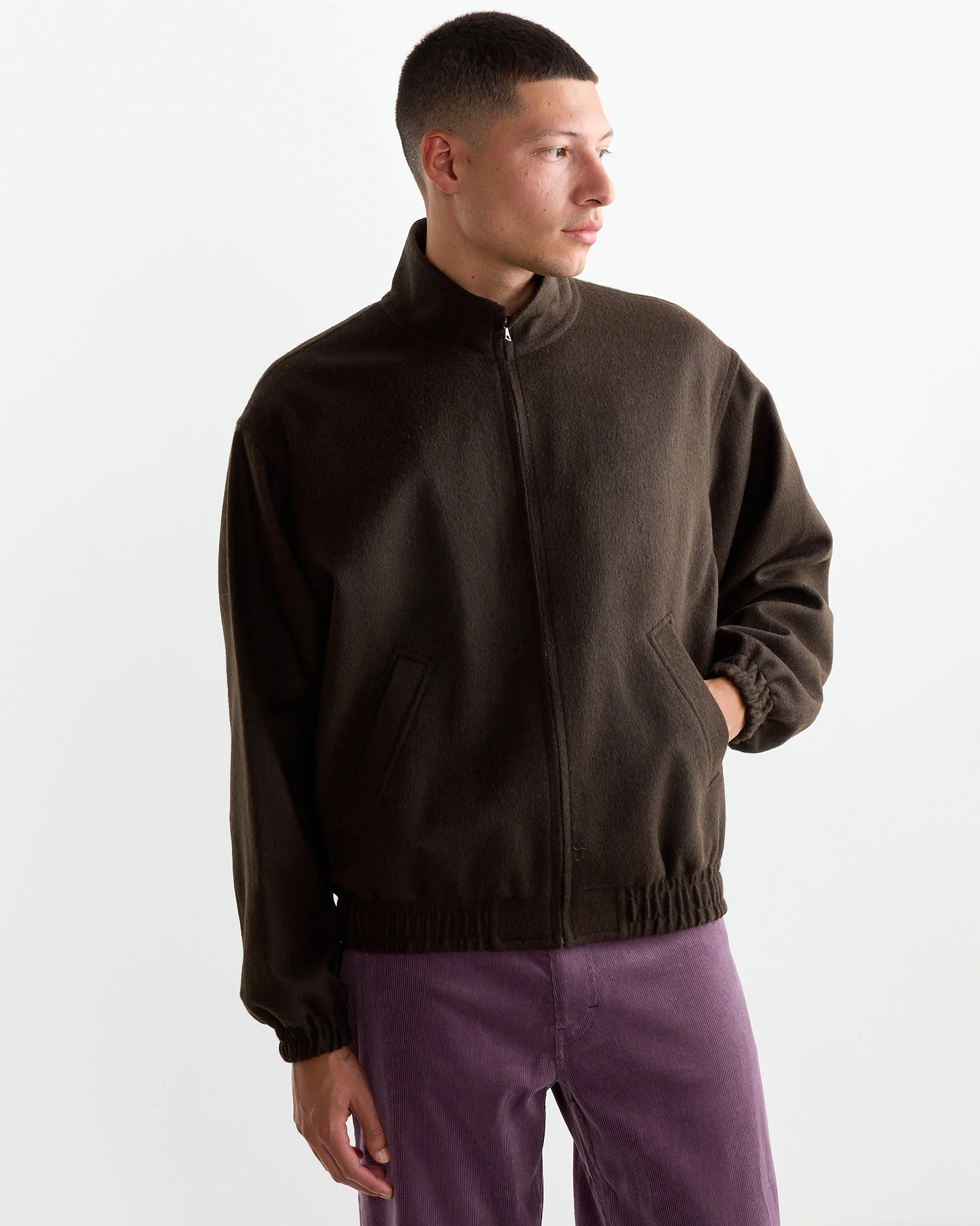 Baby Camel Flannel Zip Blouson in Dark Brown - Image 3