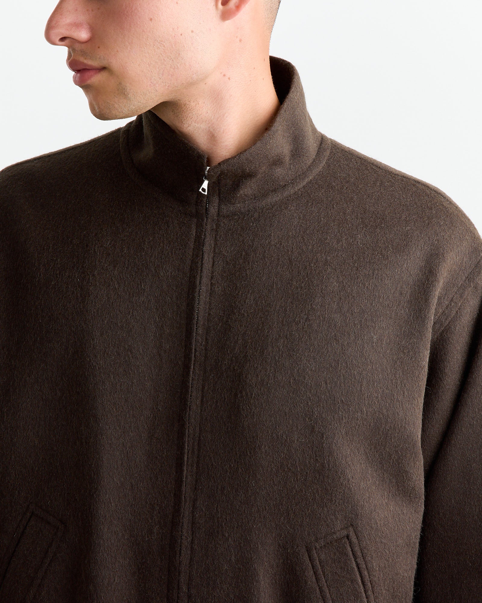 Baby Camel Flannel Zip Blouson in Dark Brown - Image 4