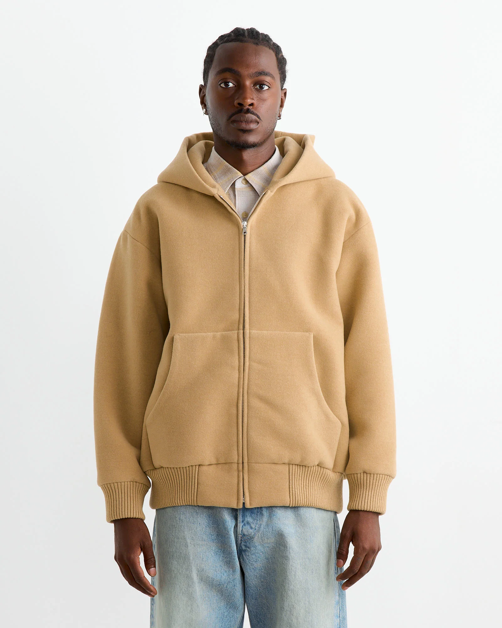 Heavy Wool Pile Zip Hoodie in Beige