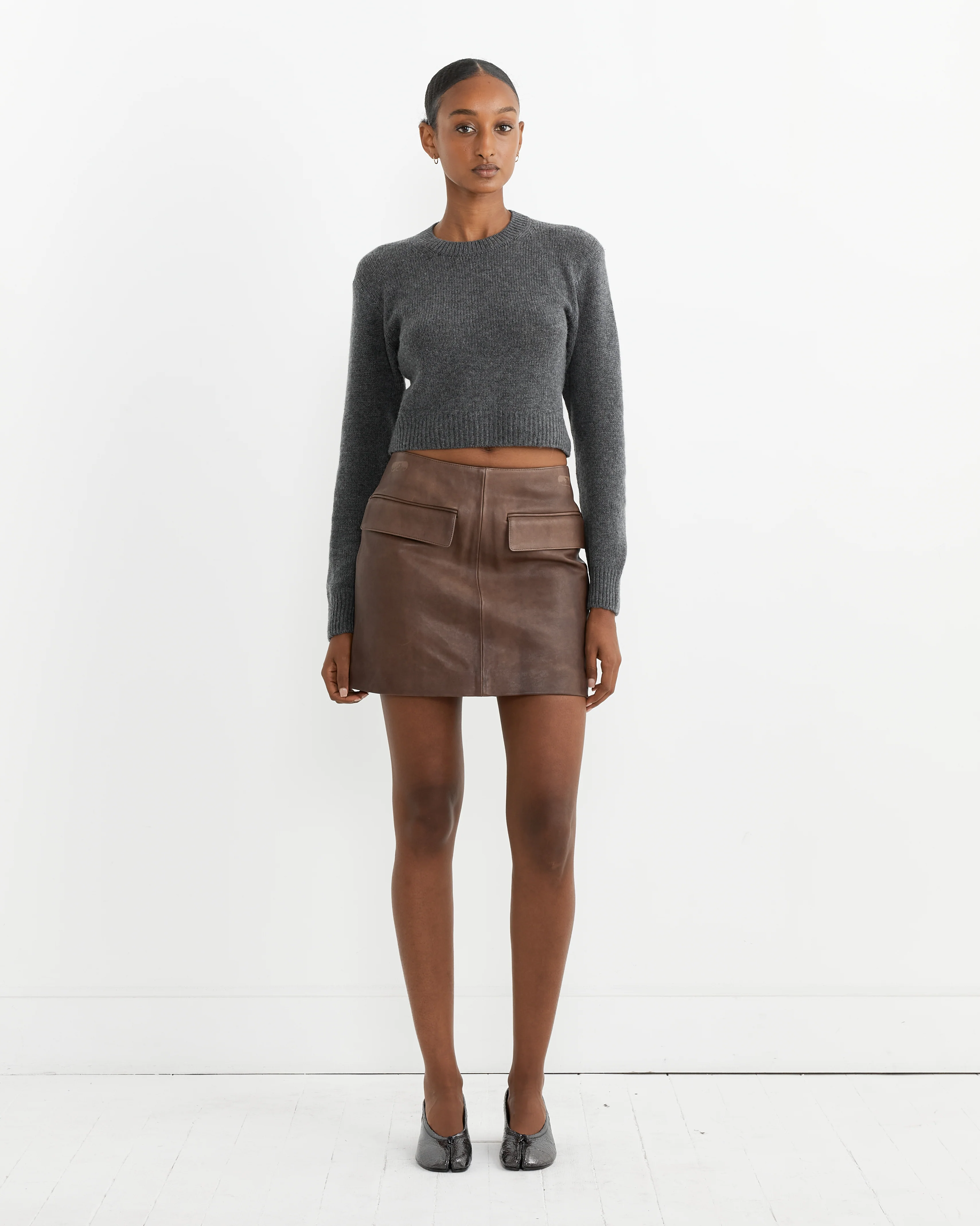 Lamb Leather Mini Skirt in Dark Brown - Image 2