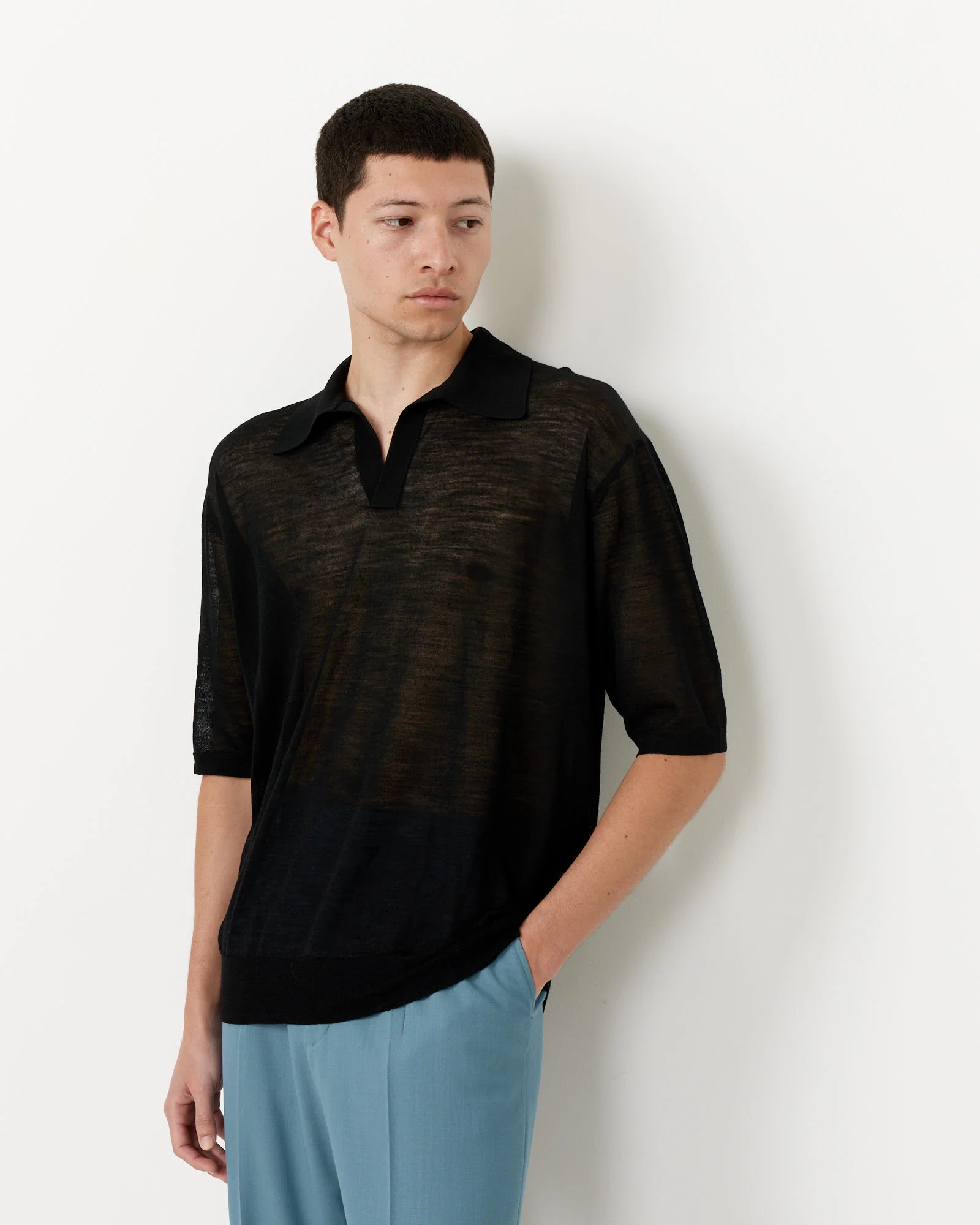 Silk Knit Skipper Polo in Black - Image 3
