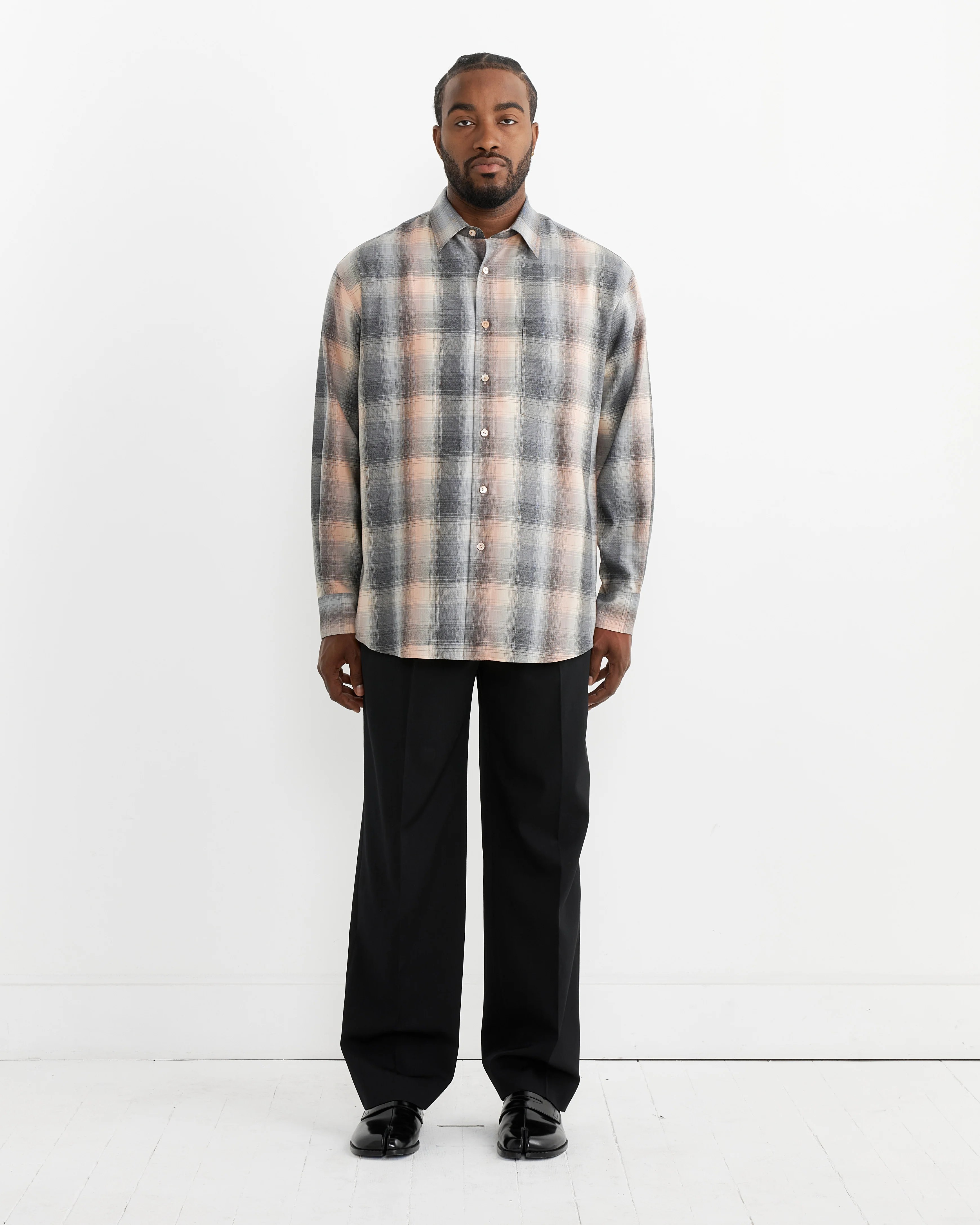 Wool Check Shirt in Beige Blue - Image 2