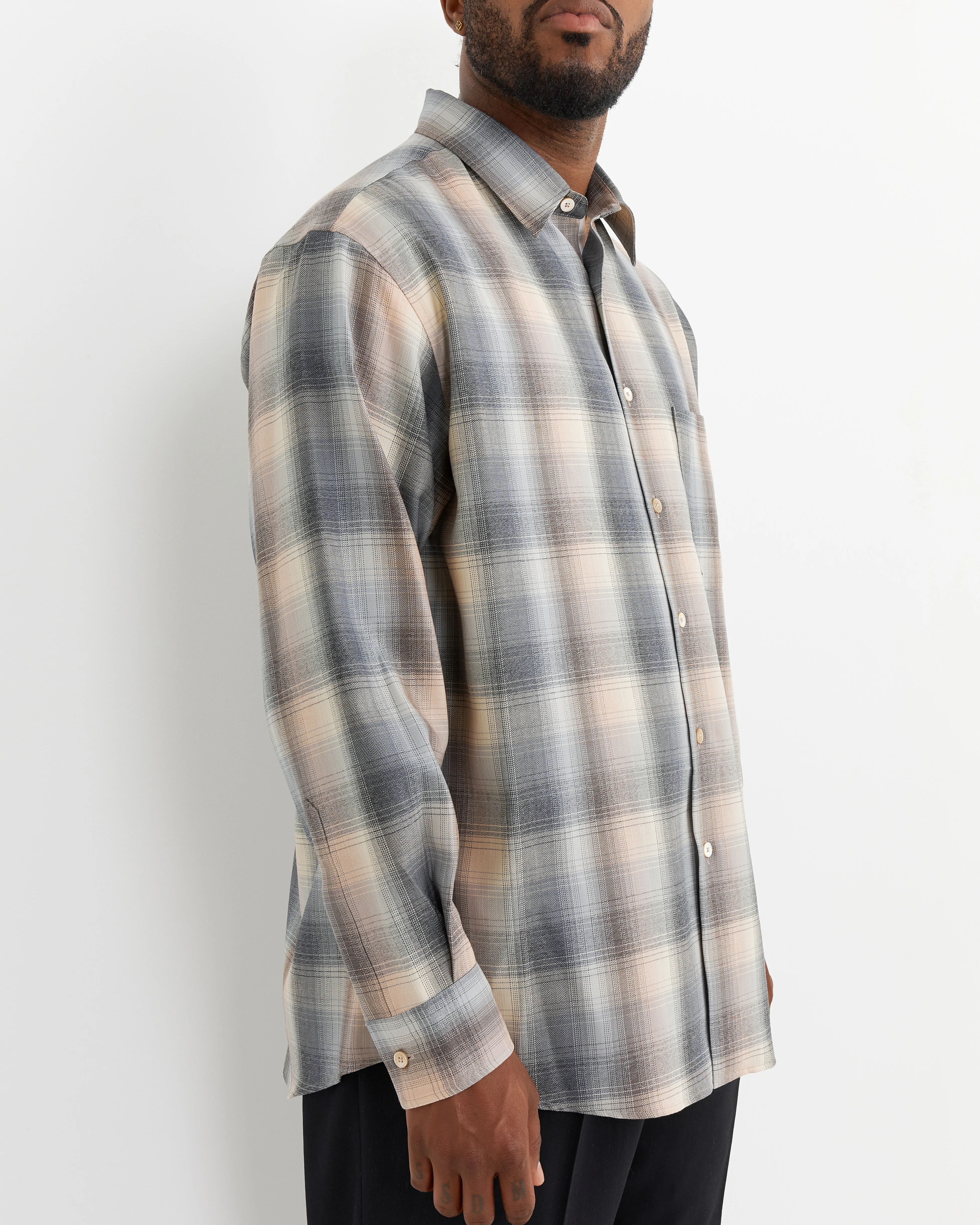 Wool Check Shirt in Beige Blue - Image 3