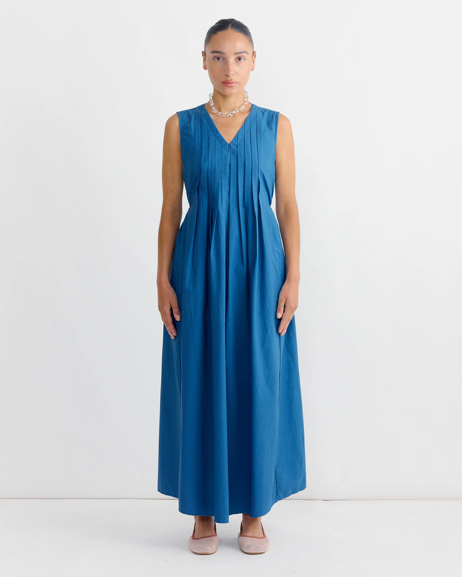 Pleated V-Neck Dress in Blue