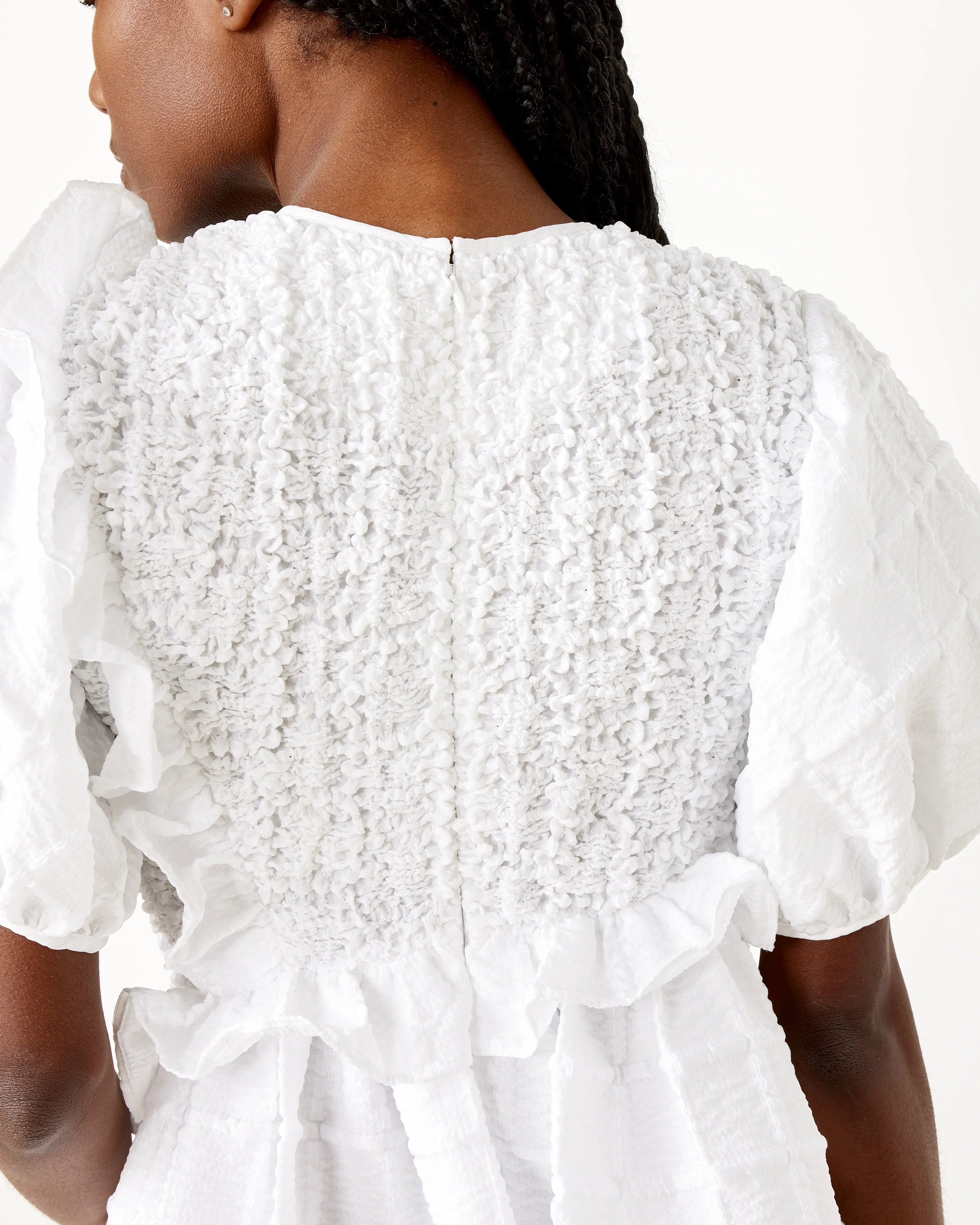 Smocked Panels & Ruffles Maxi Gown in White - Image 4