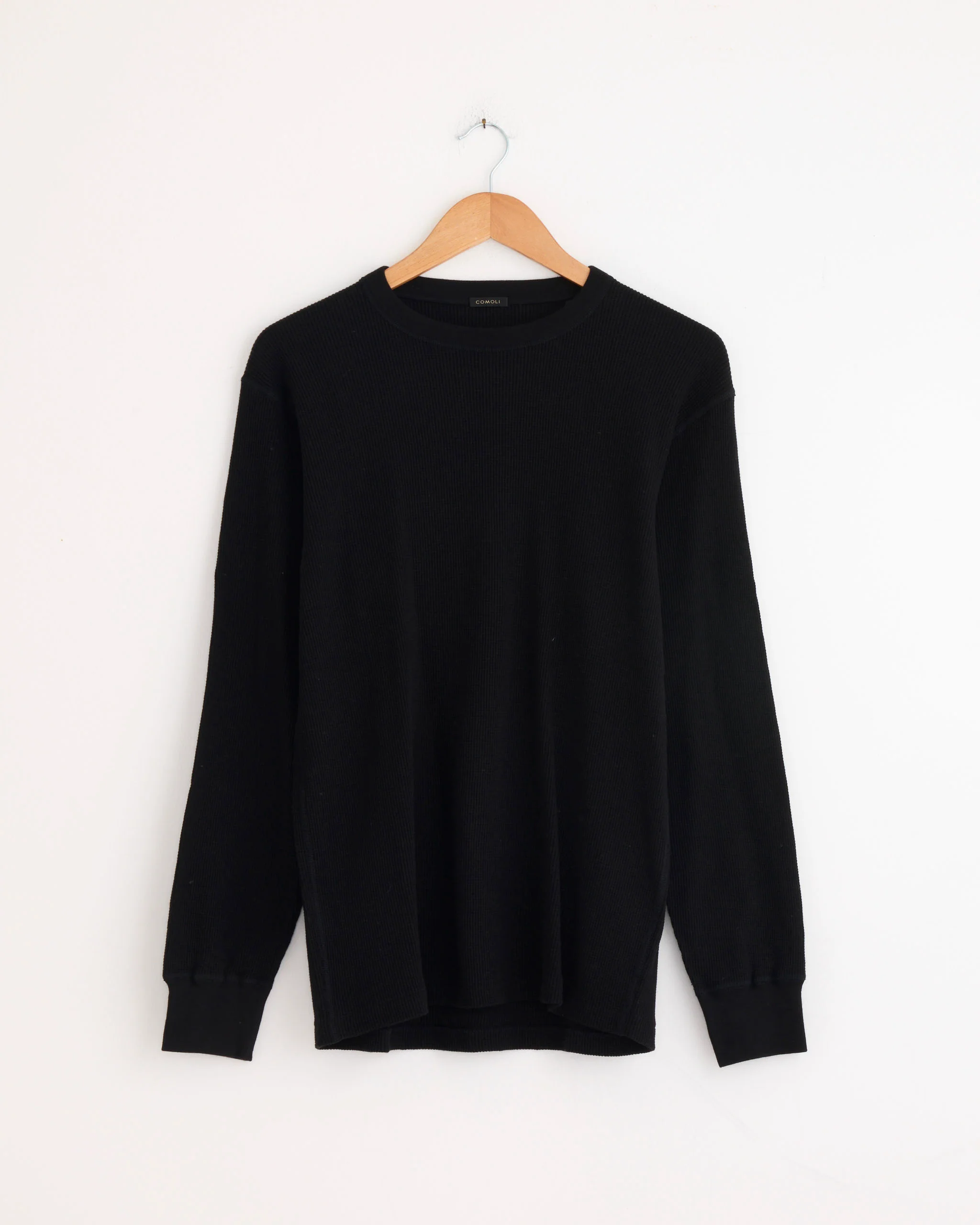 Cotton Cashmere Waffle L/S Crew in Black