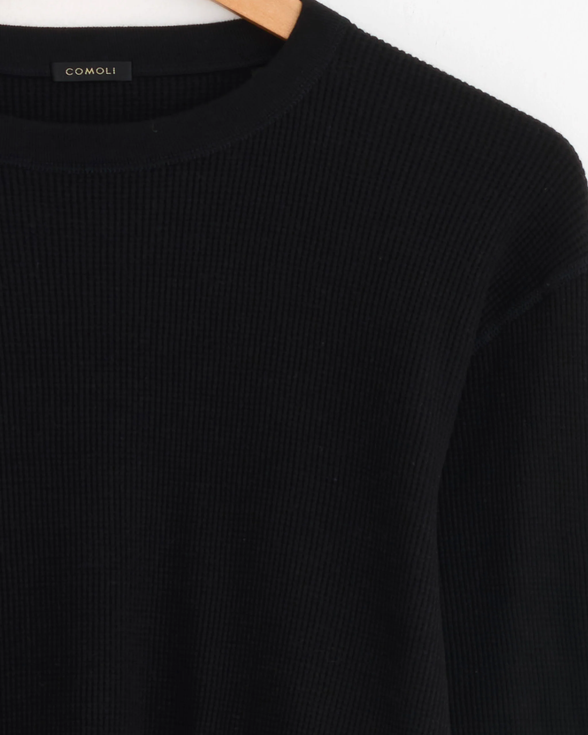Cotton Cashmere Waffle L/S Crew in Black - Image 2