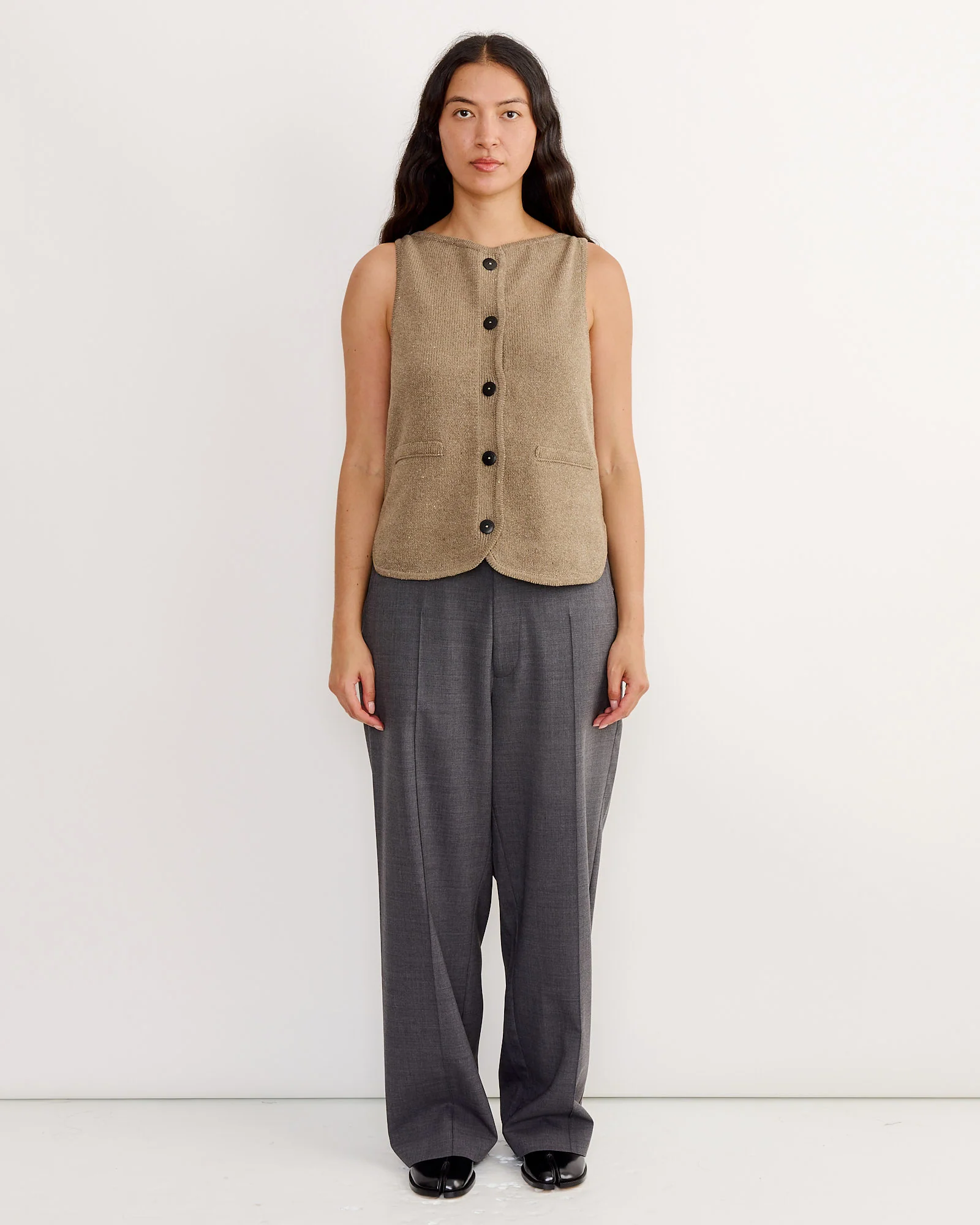 Boat Neck Waistcoat in Taupe - Image 2