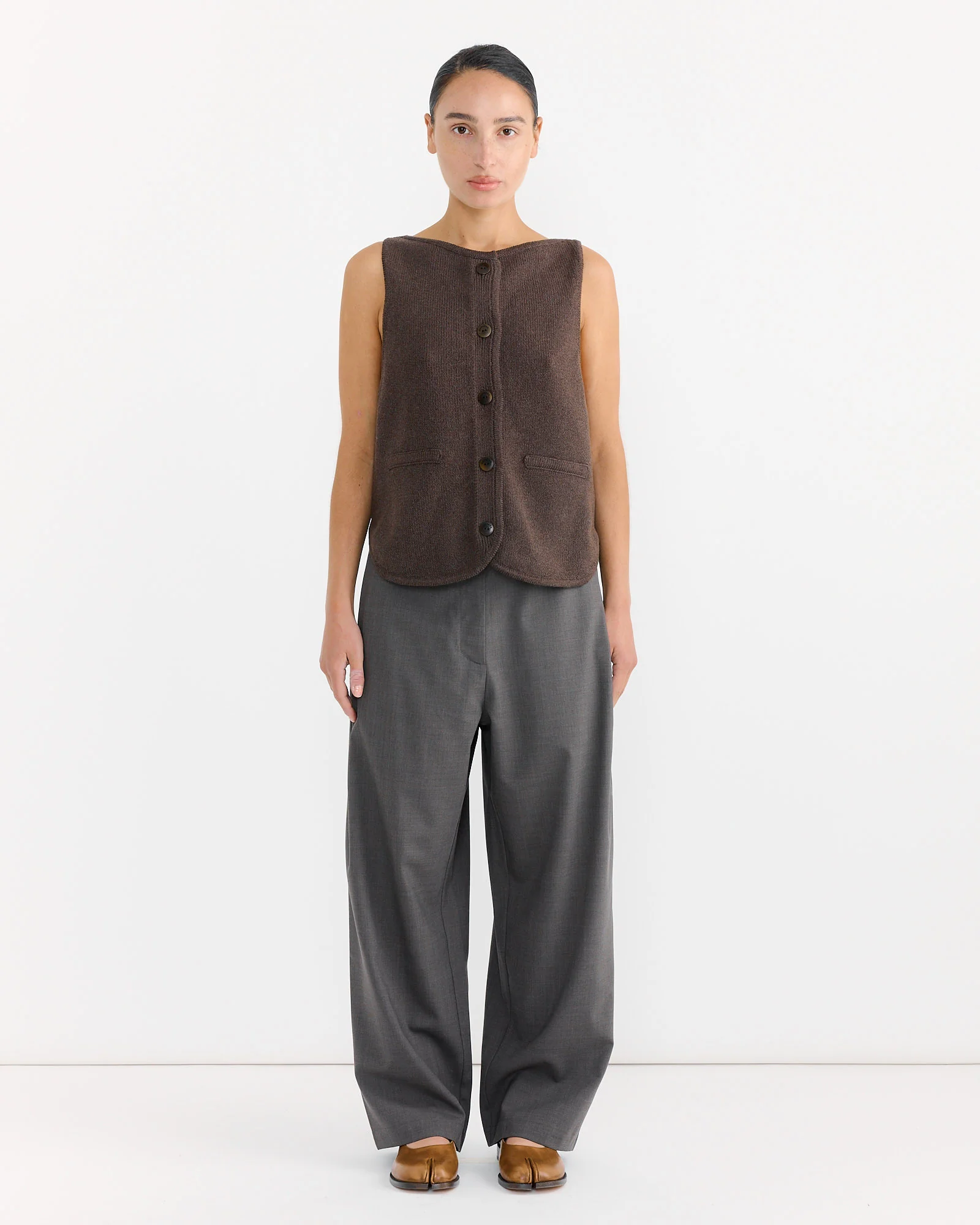 Boat Neck Waistcoat in Brown - Image 2