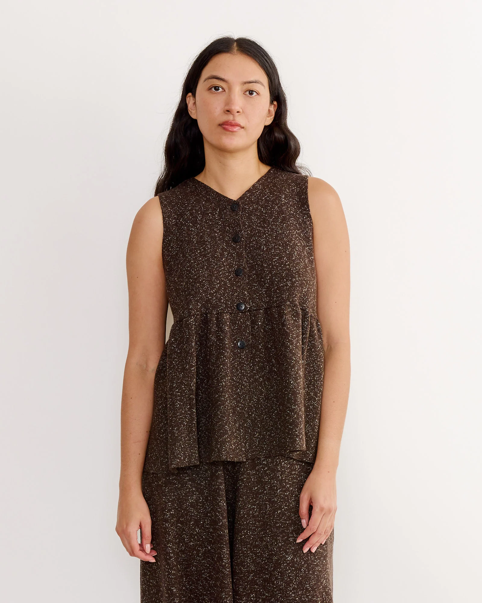 Flecked Cotton Peplum Top in Brown