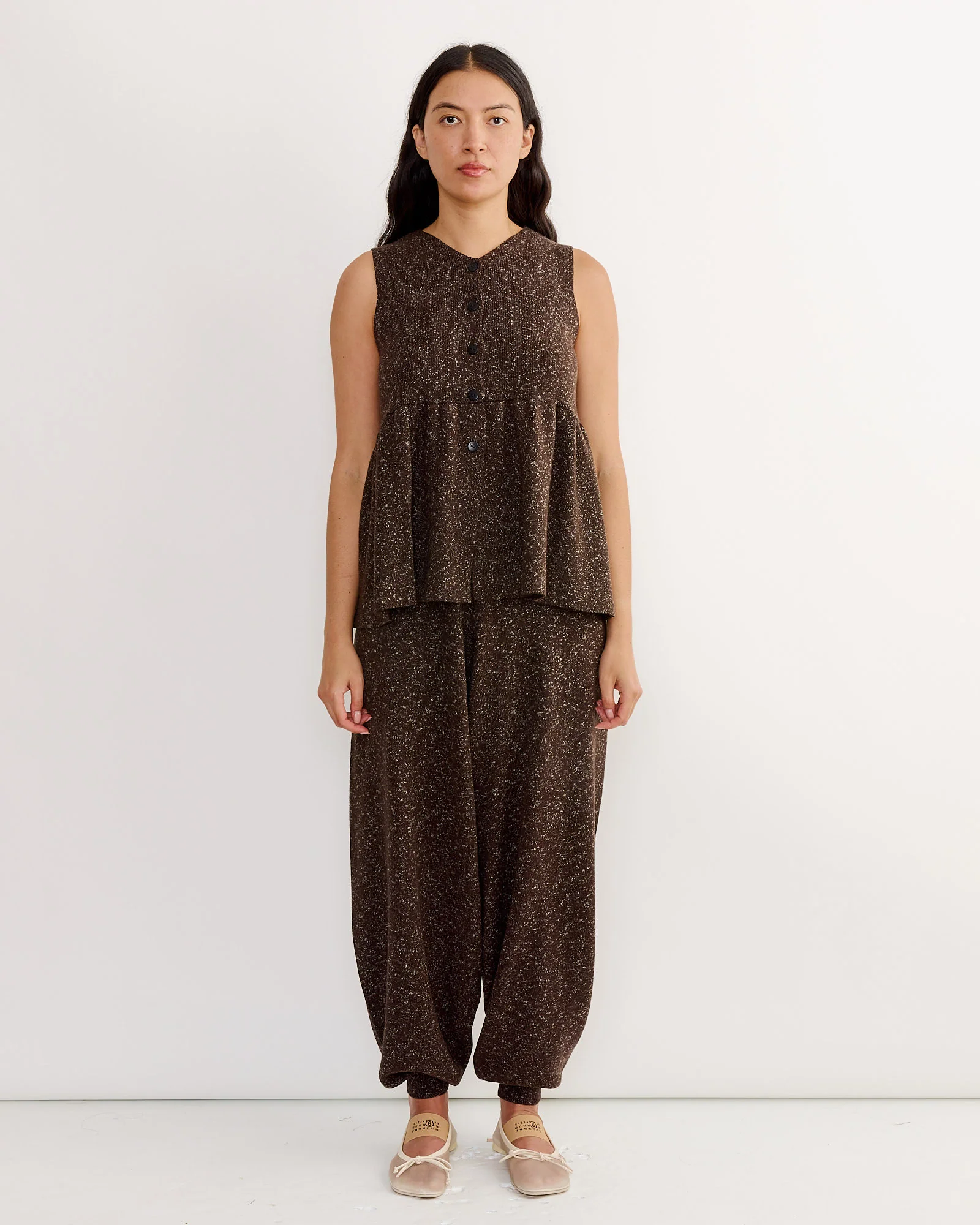 Flecked Cotton Peplum Top in Brown - Image 2