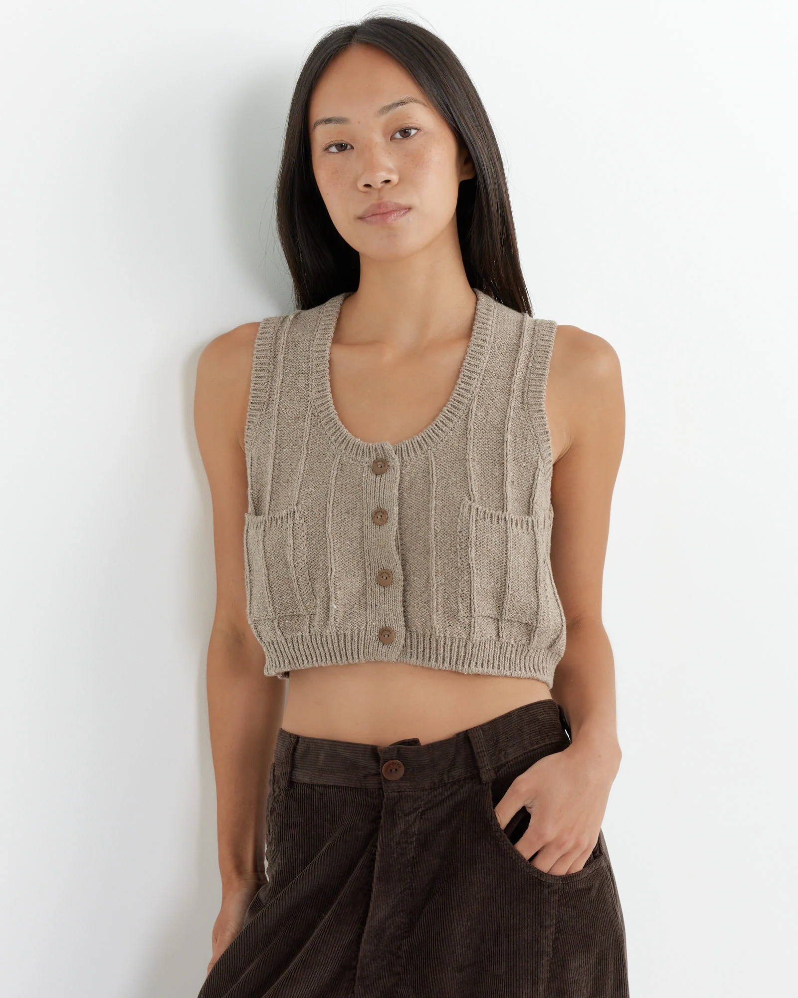 Heather Cotton Waistcoat in Taupe - Image 3