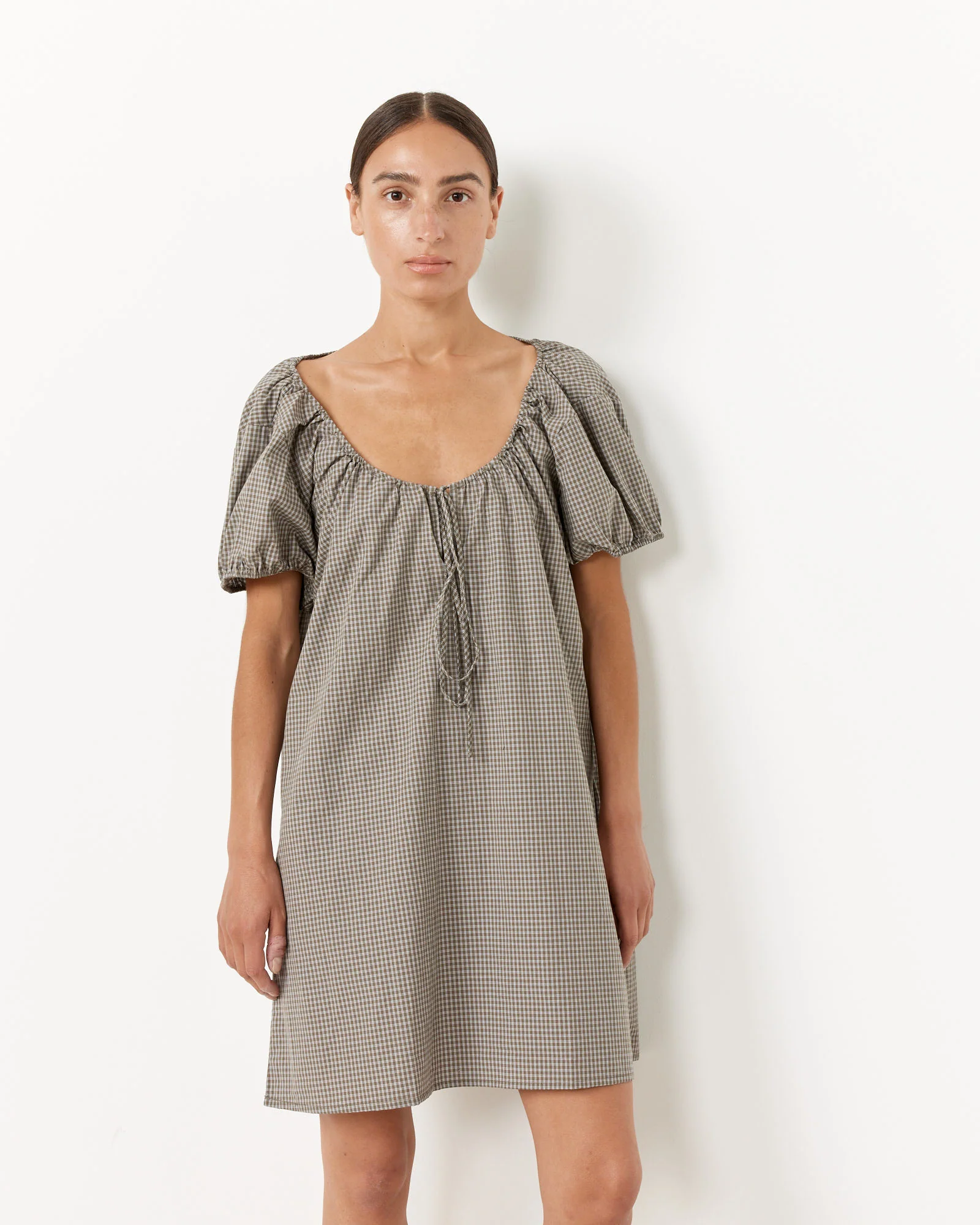 Capped Sleeve Dress in Khaki Check - Image 3