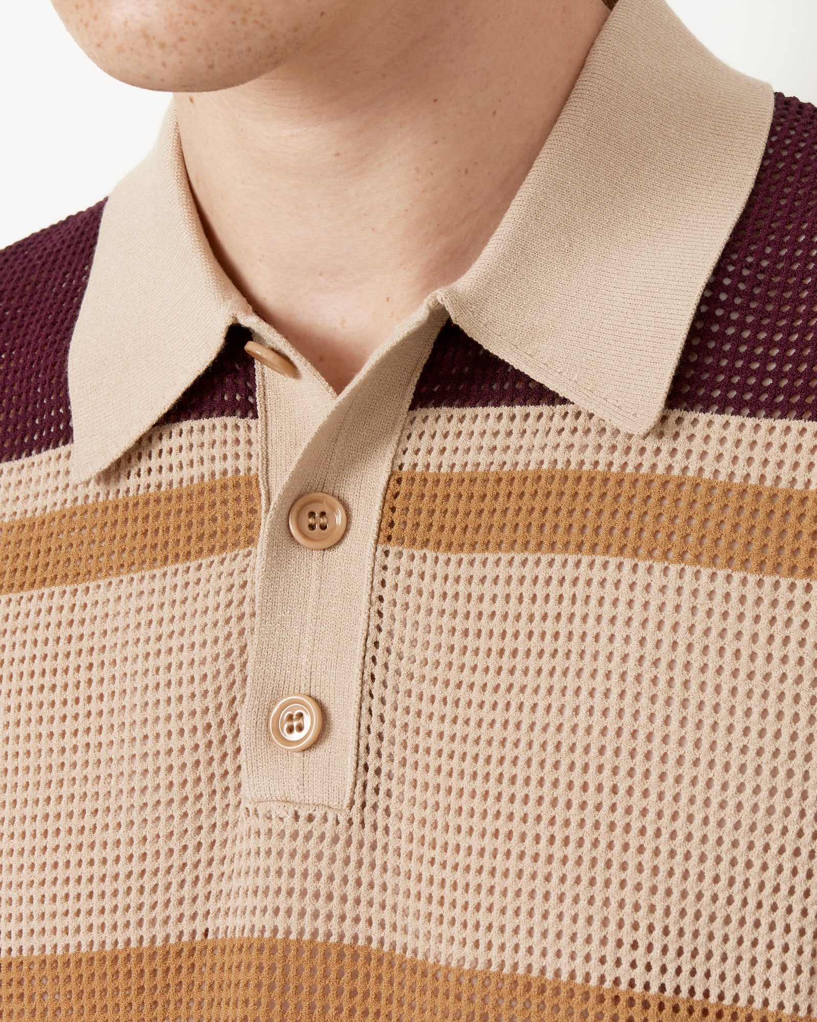 Striped Spread Collar Polo in Beige - Image 3
