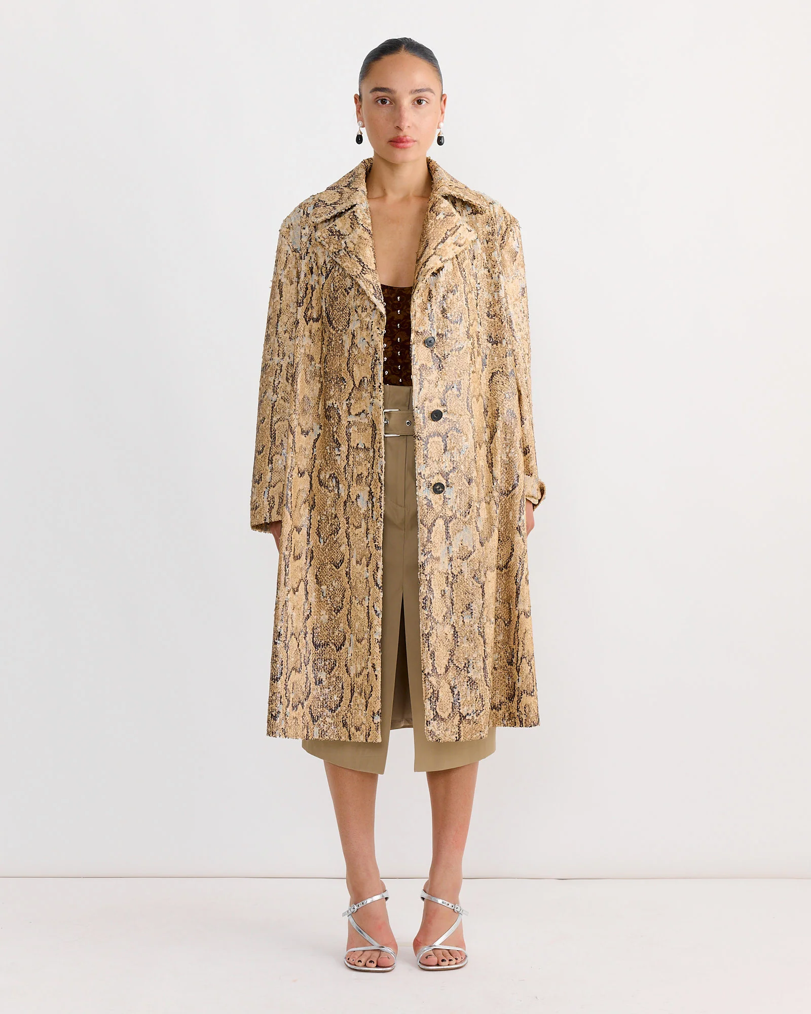 Sequin Snake Coat in Beige
