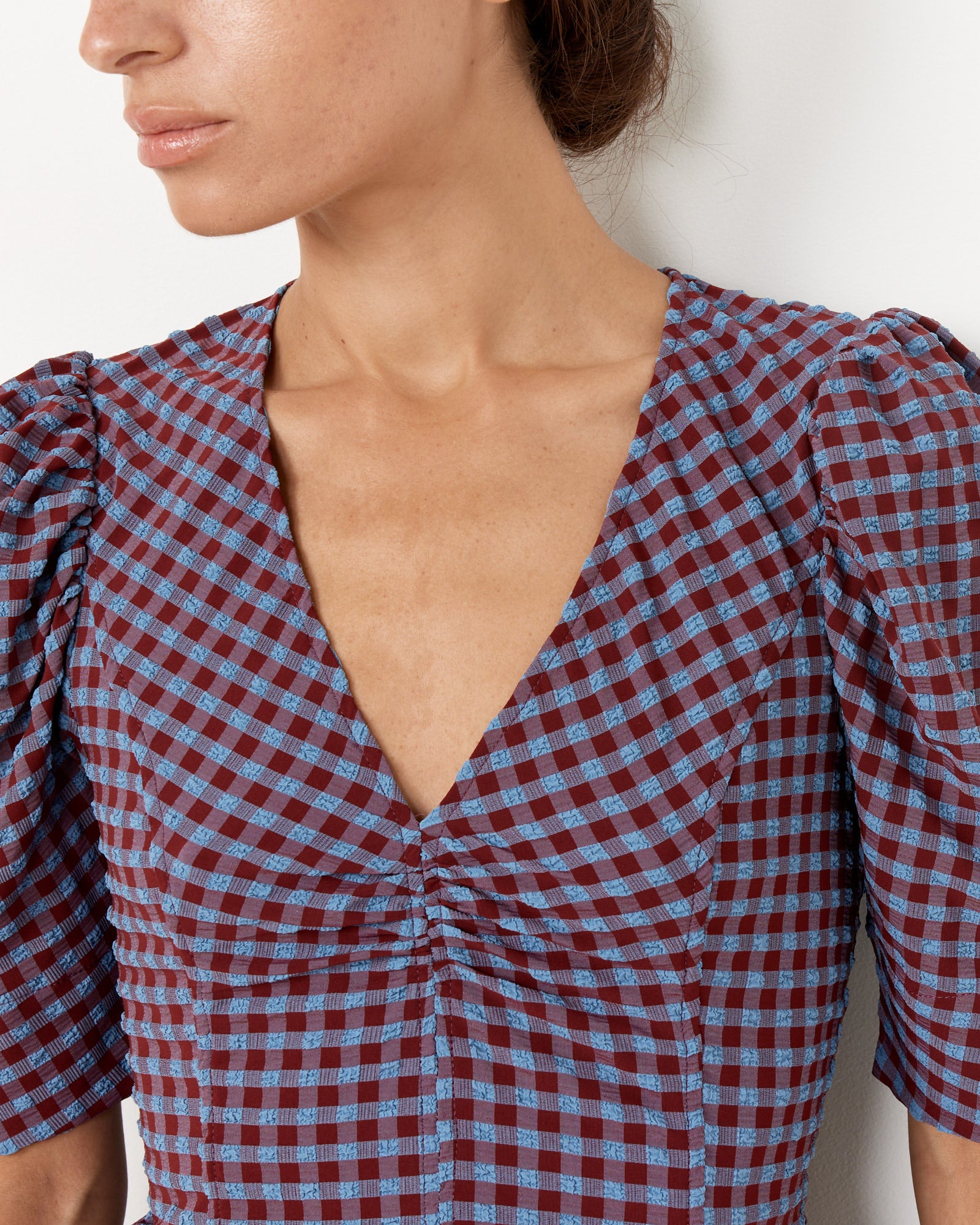 Seersucker V-Neck Blouse in Racing Red - Image 3