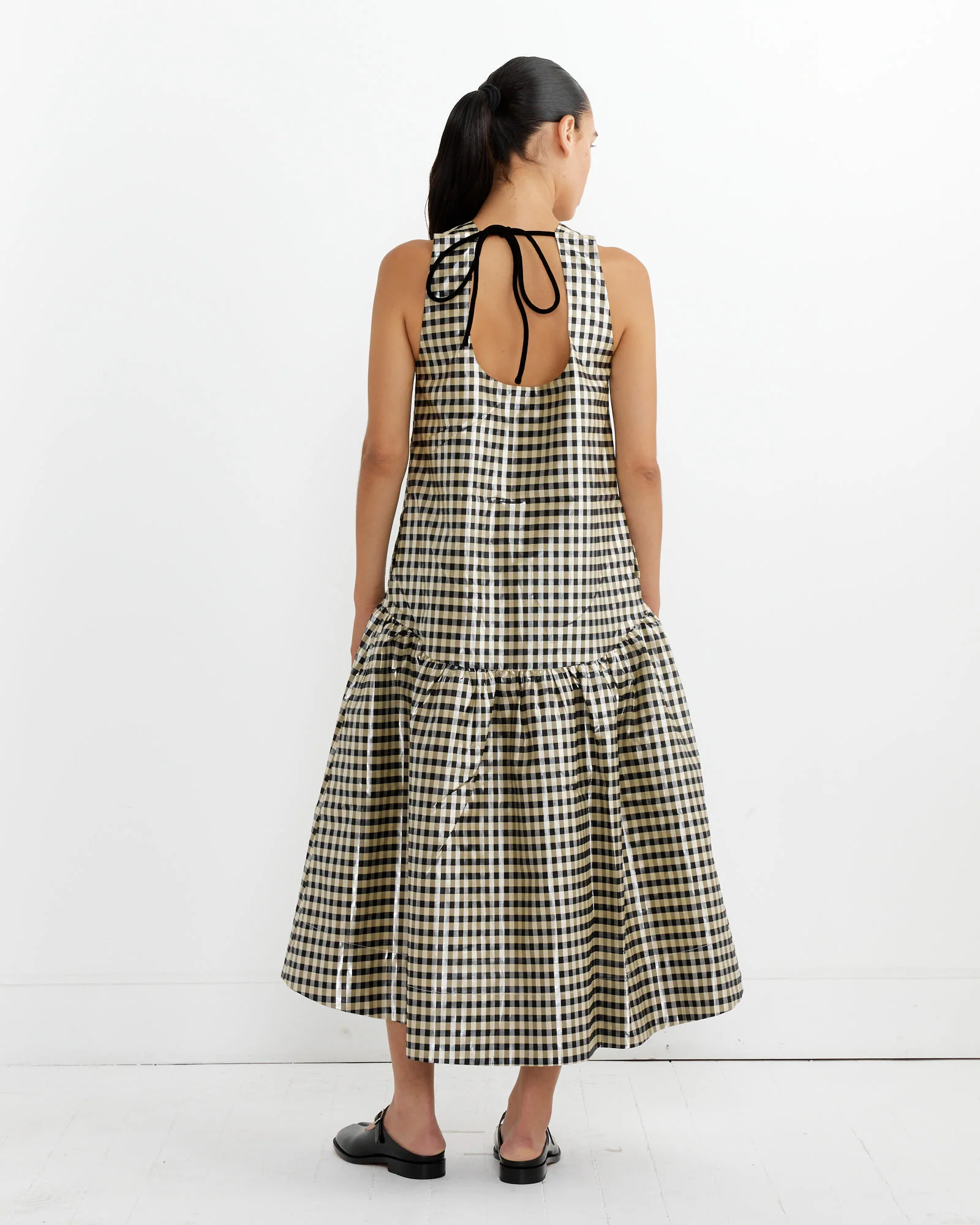 Shiny Check Midi Dress in Lemon Icing - Image 2