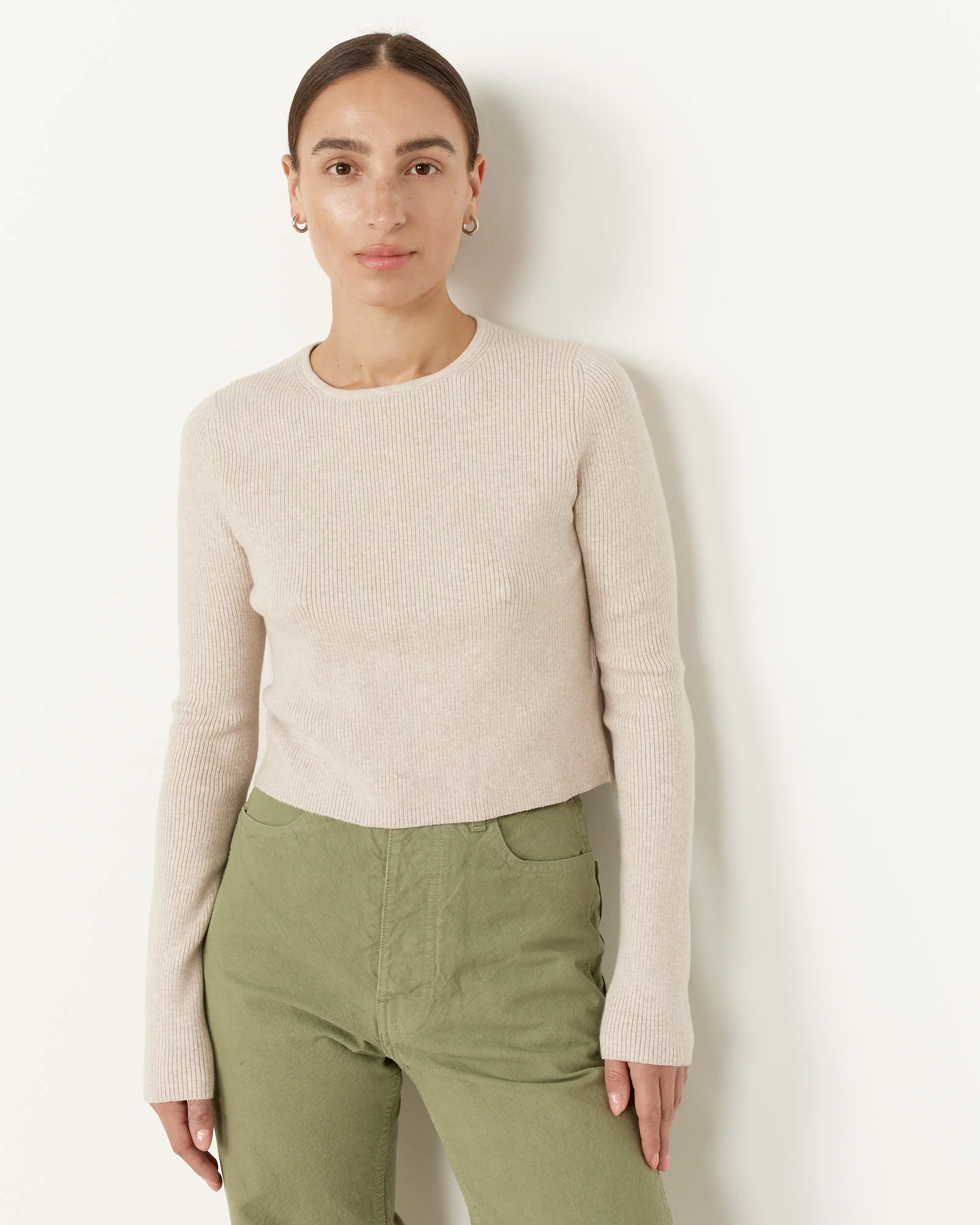 Rib Crop Crewneck in Chalk Melange - Image 2