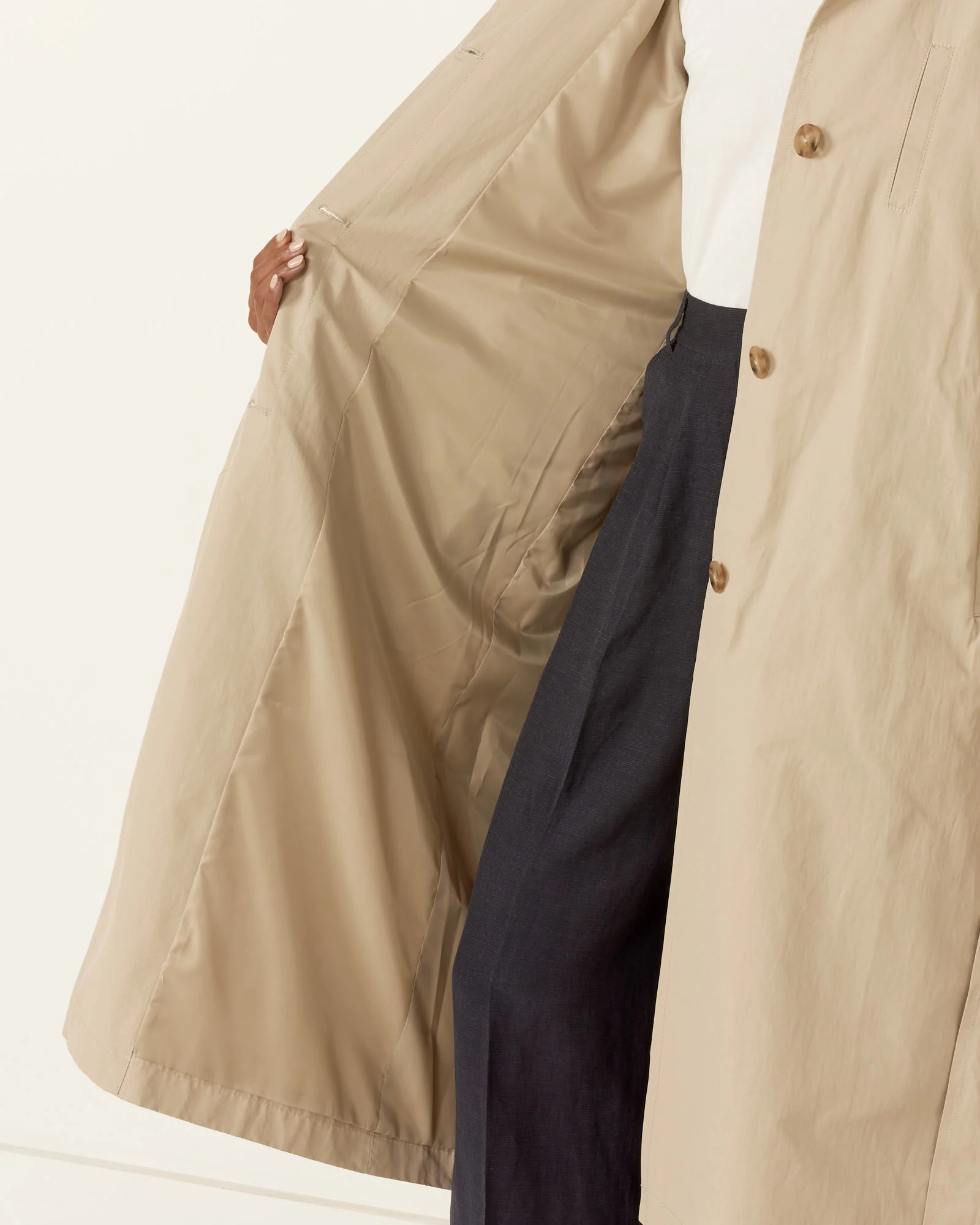 Cotton Blend Long Trench in Stone - Image 5