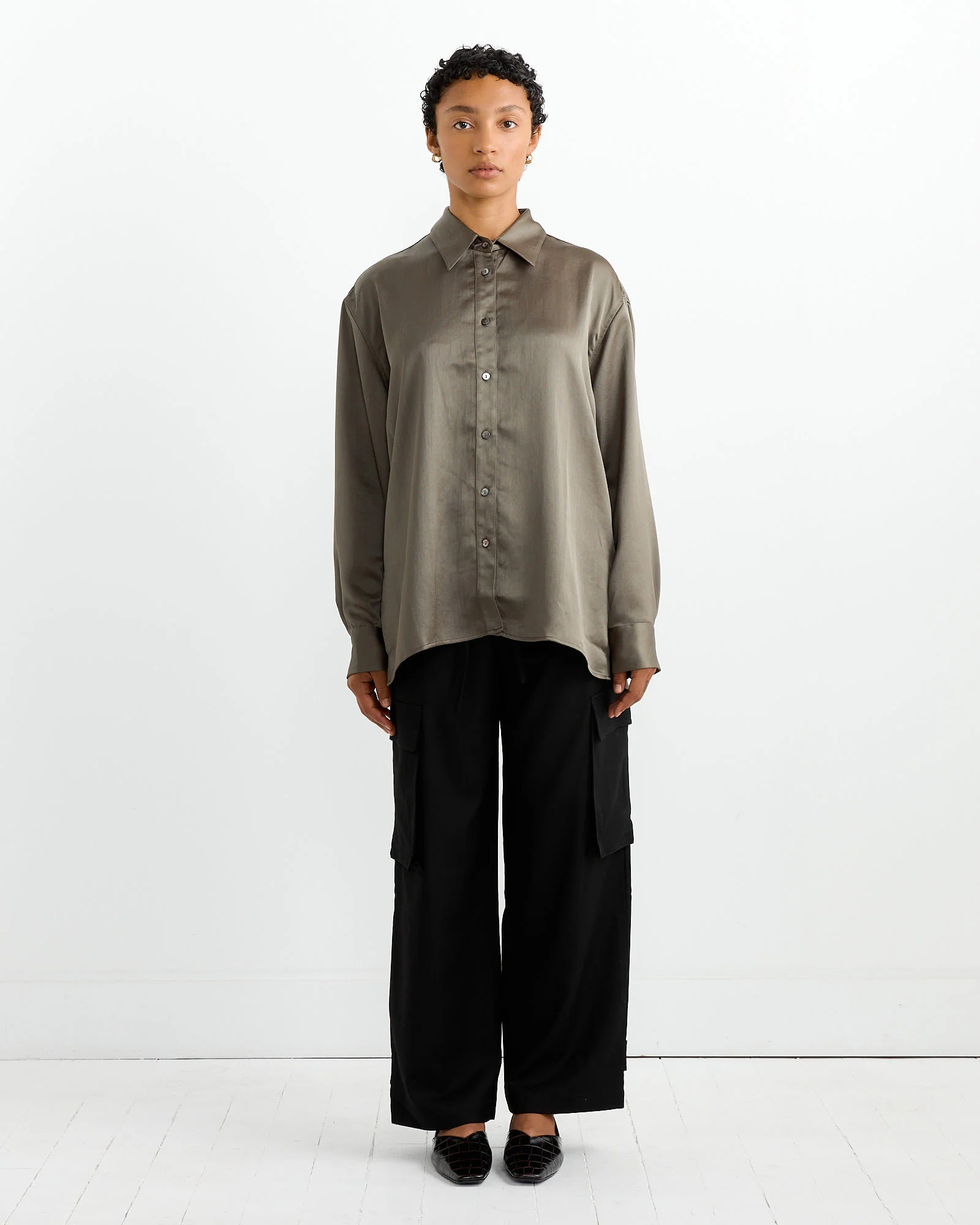 Oversized Satin Shirt in Olive - Image 3