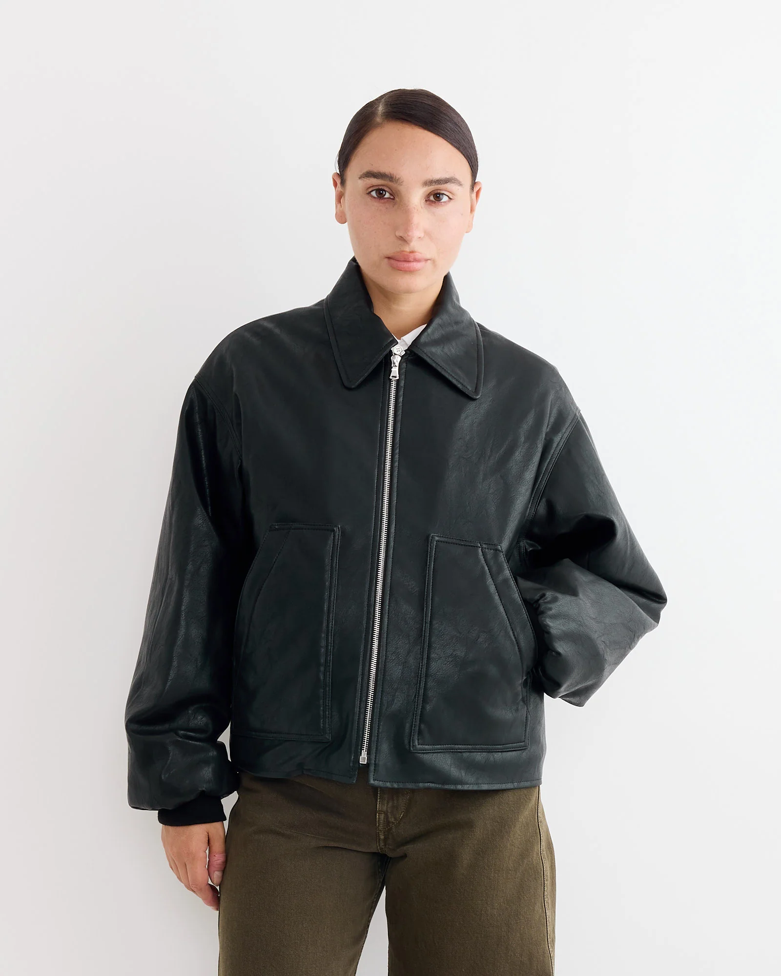 Faux Leather Bomber Jacket in Black