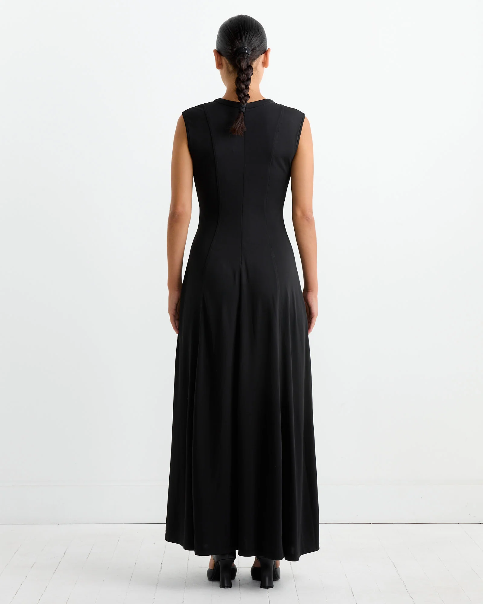 Seamed Flared Maxi Dress in Black - Image 3