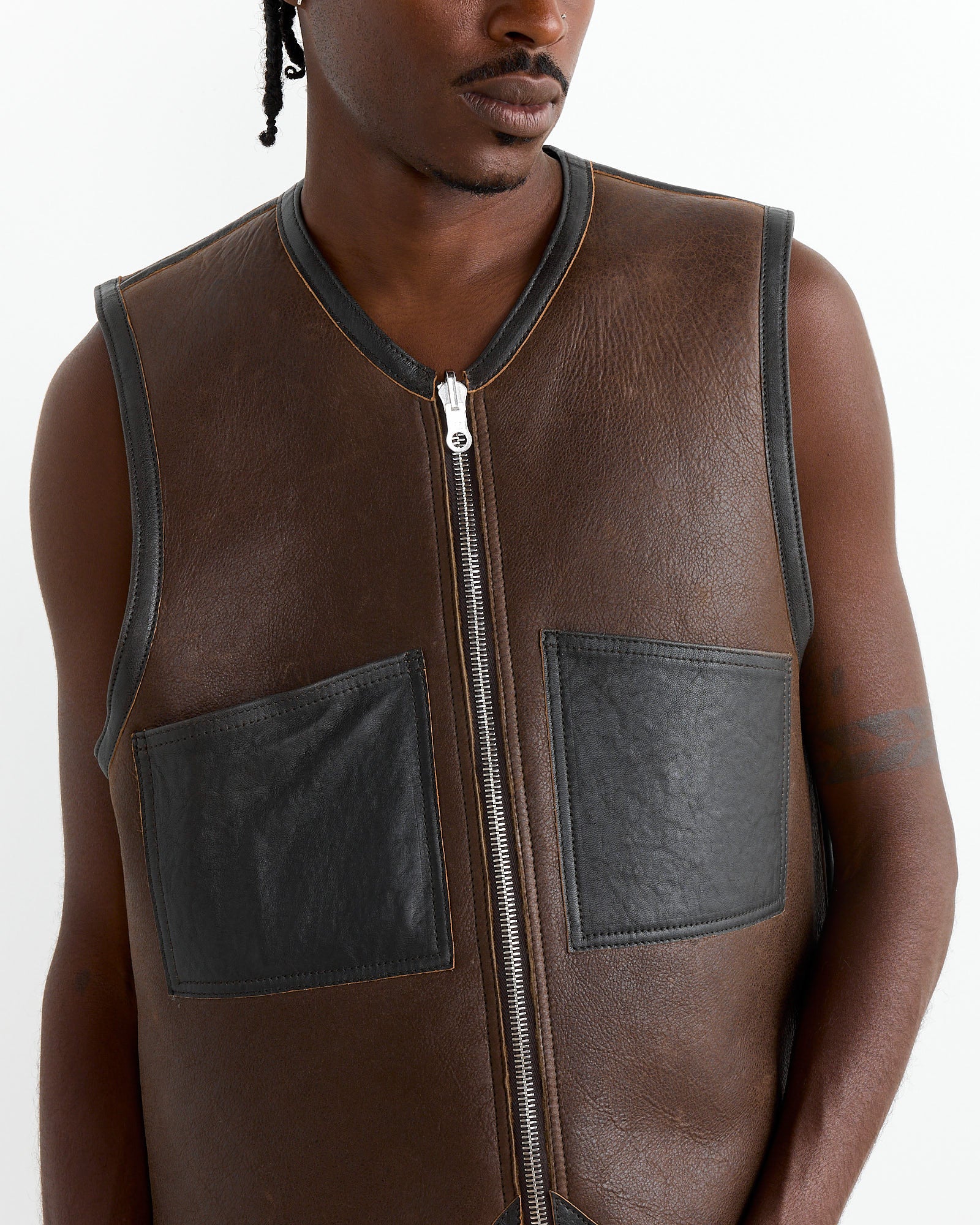 Reversible Shearling Vest in Rustic Grain Brown - Image 4