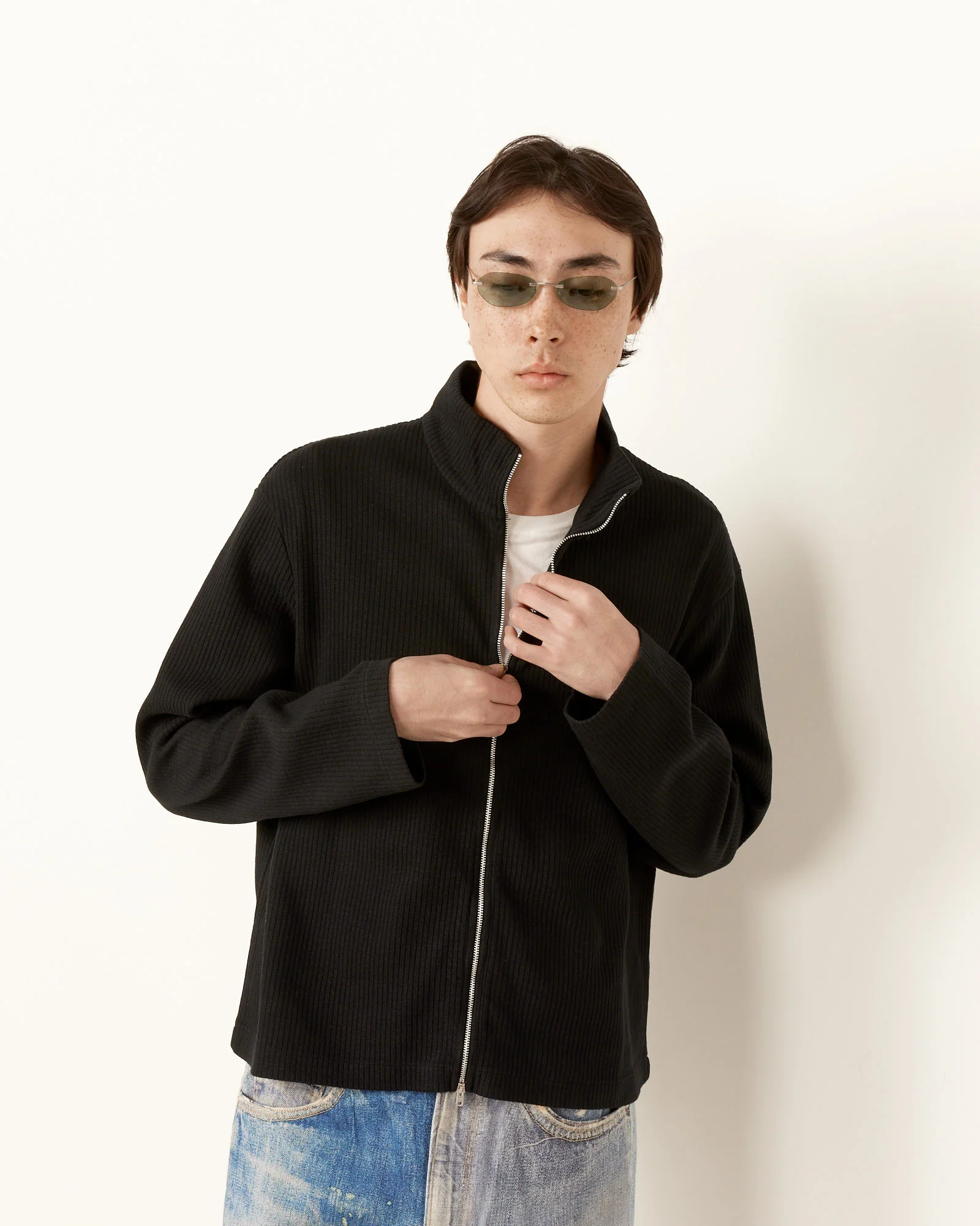 Shrunken Full Zip Polo in Black Rib - Image 3