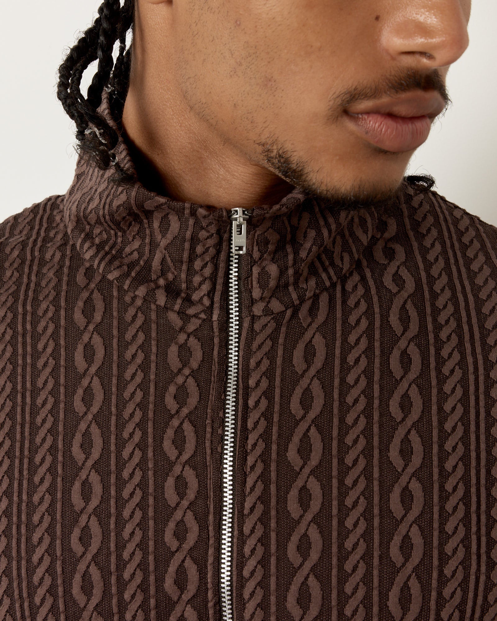 Shrunken Full Zip Polo in Indulgent Choco Cable Jacquard - Image 4