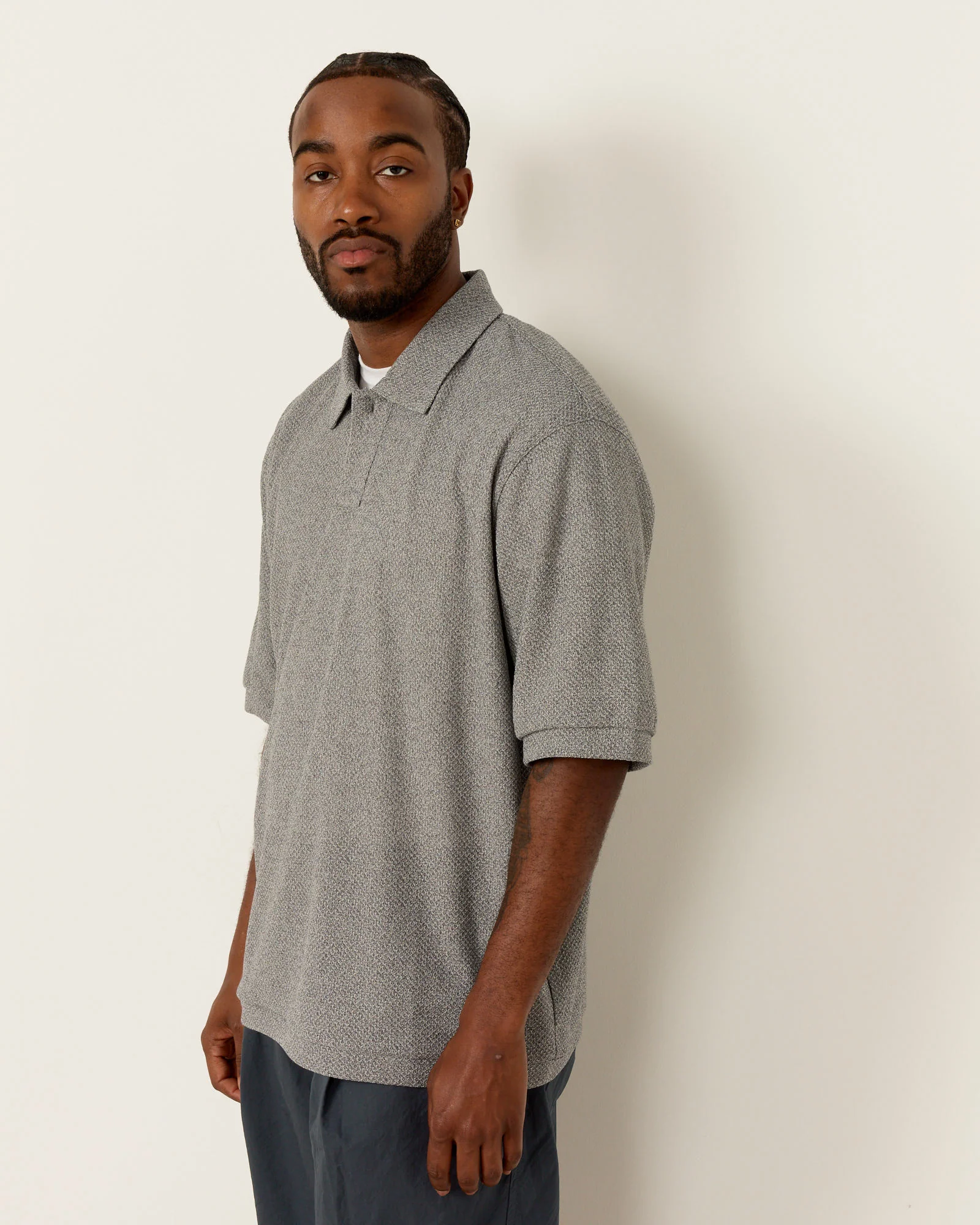 Moss Stitch Polo Shirt in Melange Grey - Image 3