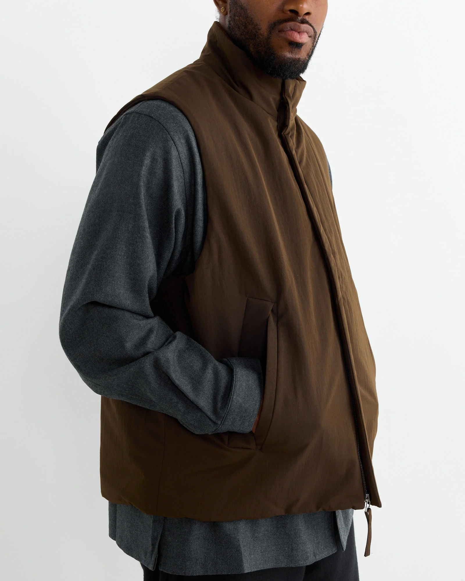 Stand Collar Padded Vest in Brown - Image 3
