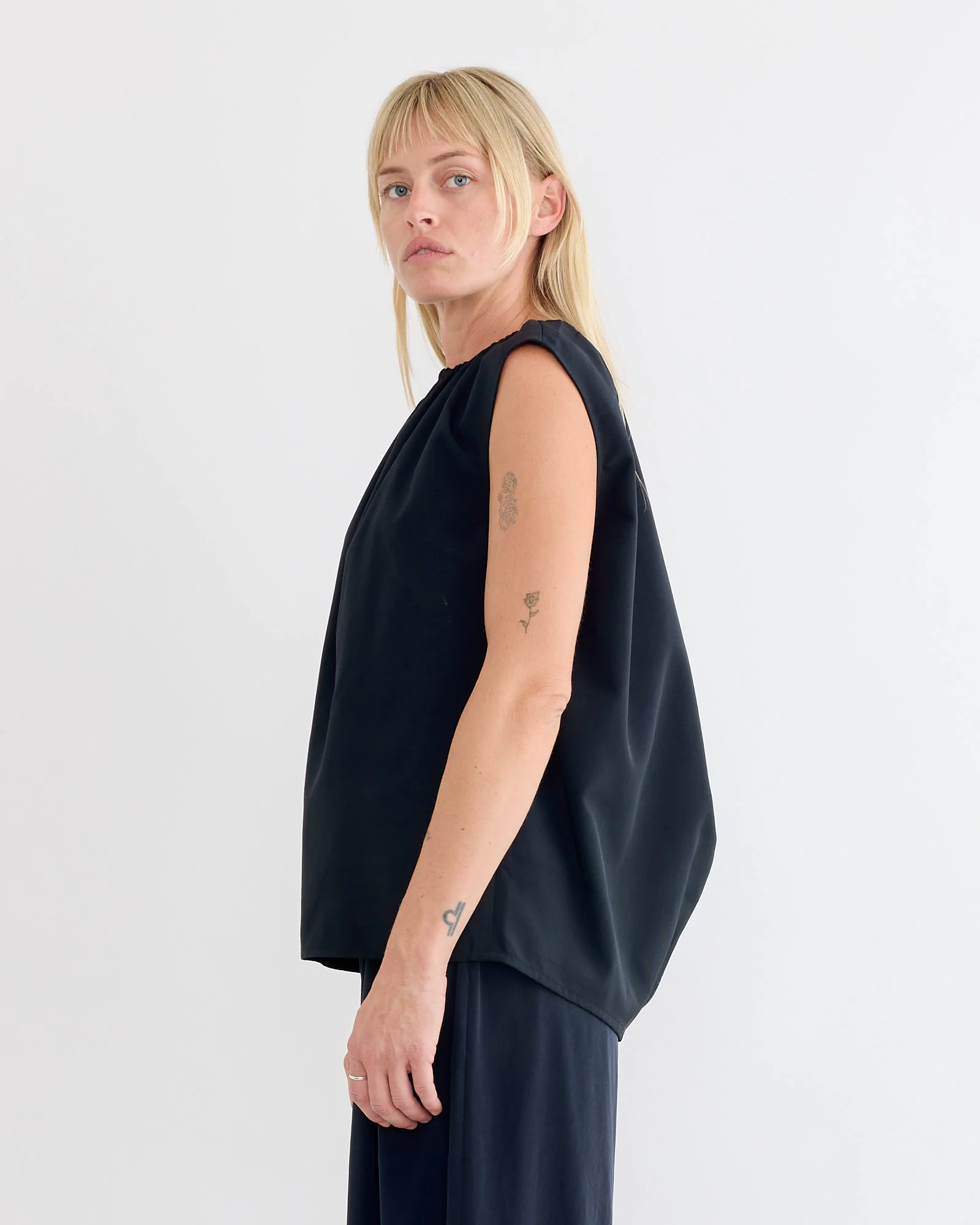 Lotte Nylon Shirred Neck Top in Black - Image 3