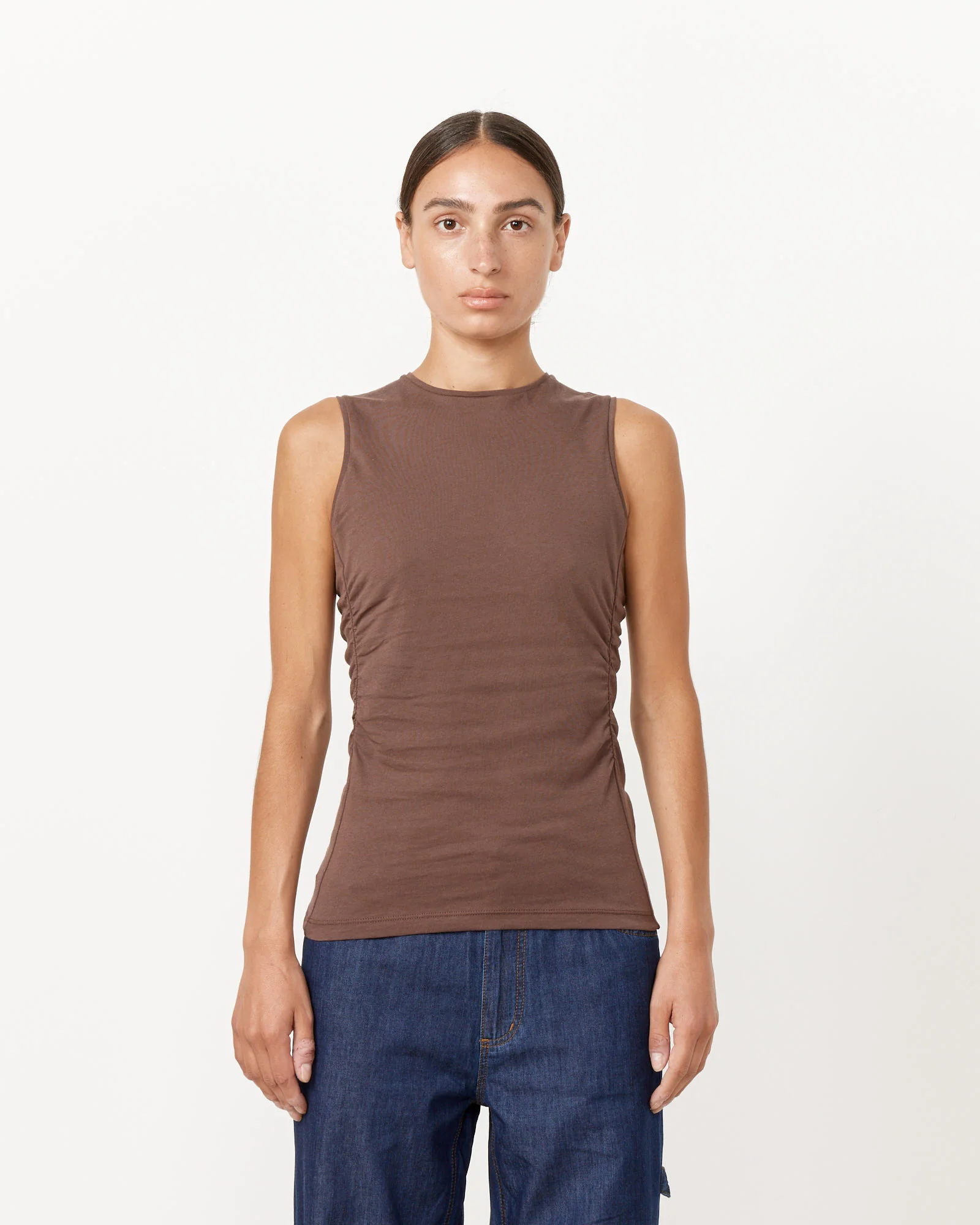 Shirred Crewneck Top in Cacao