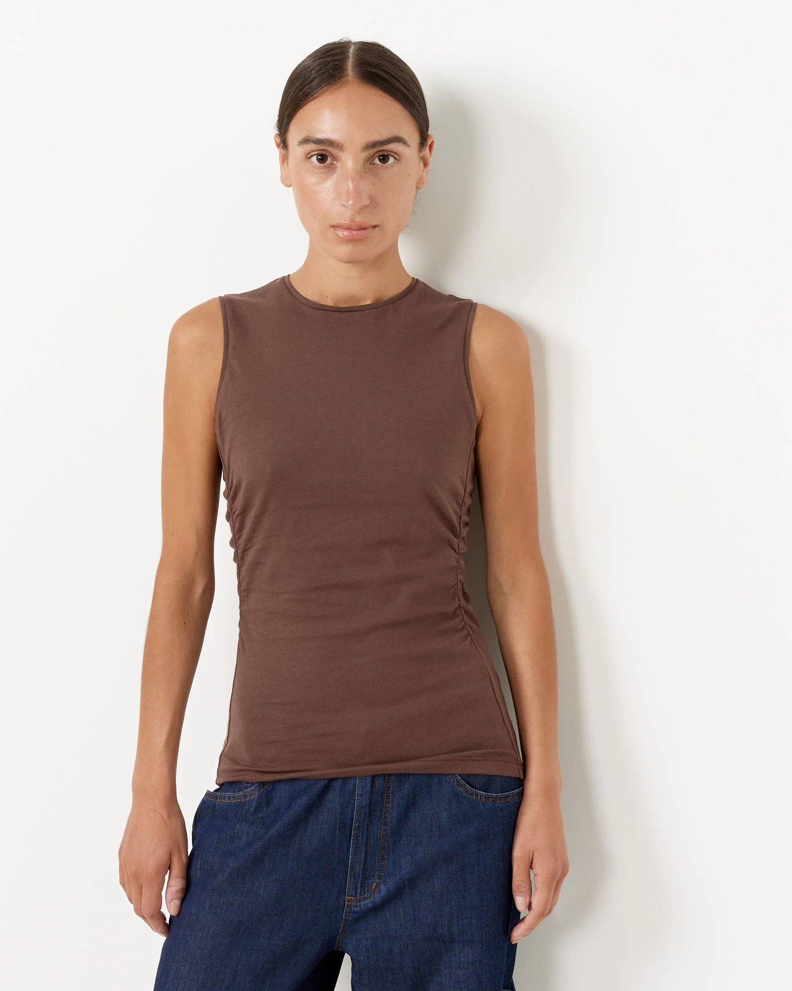 Shirred Crewneck Top in Cacao - Image 3
